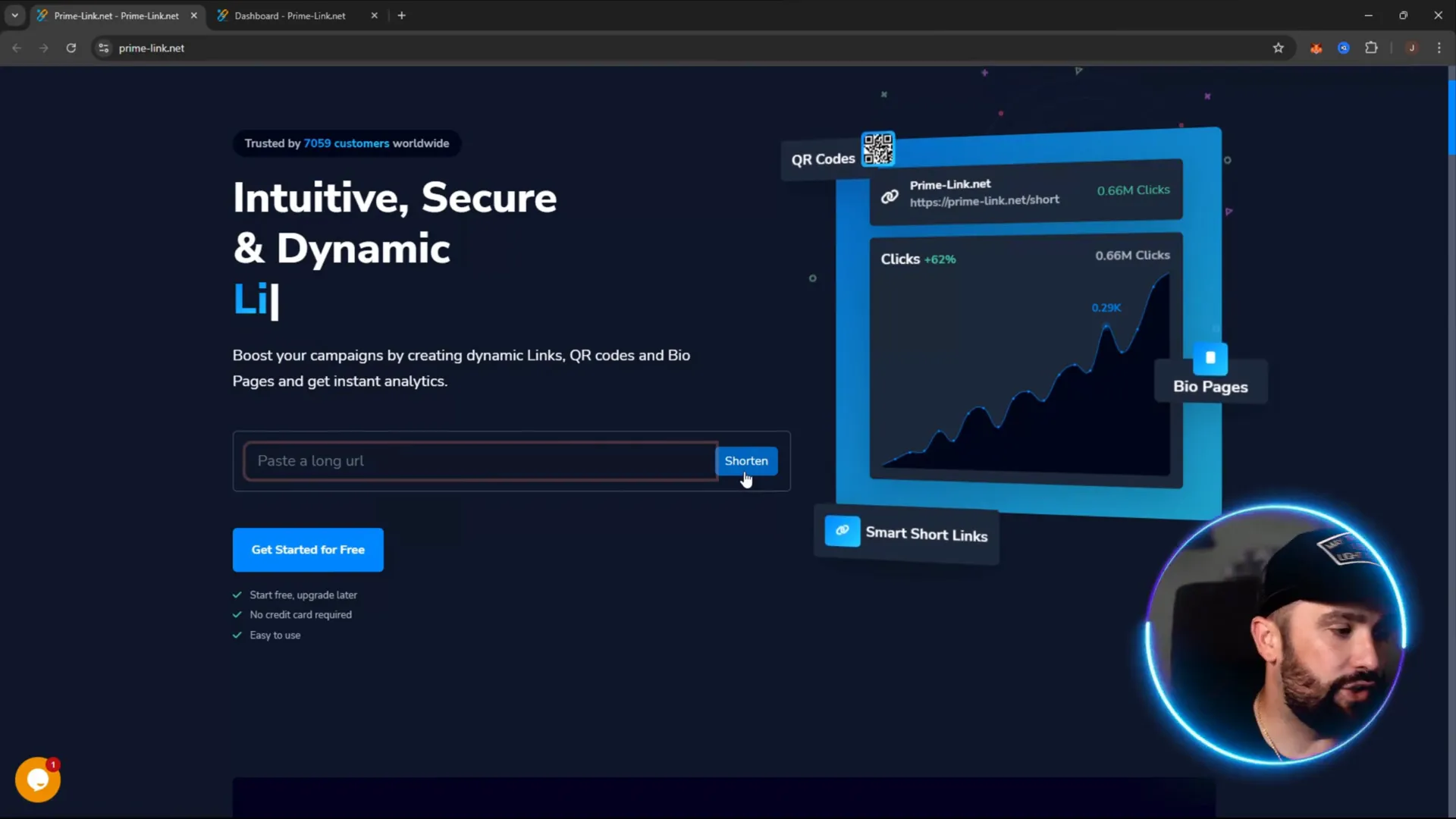 Prime Link dashboard showing URL shortening and analytics