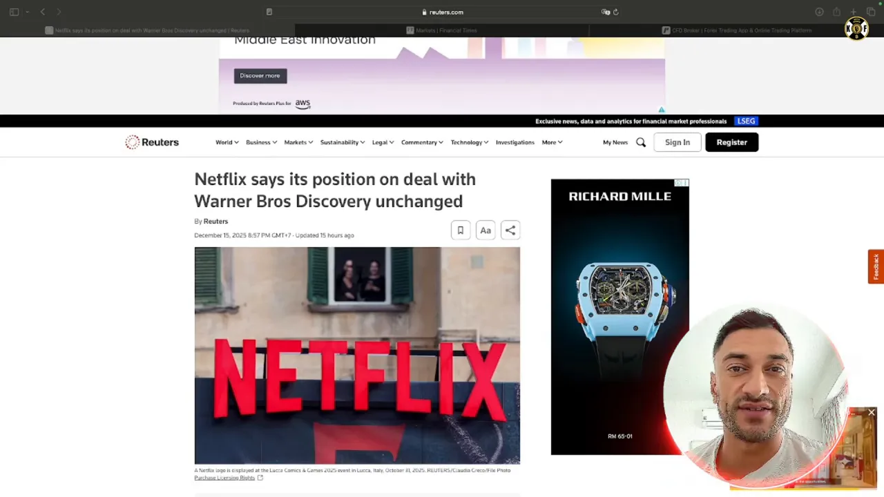 Screenshot eines Reuters-Artikels mit der Überschrift 'Netflix says its position on deal with Warner Bros Discovery unchanged' und großem Netflix-Logo