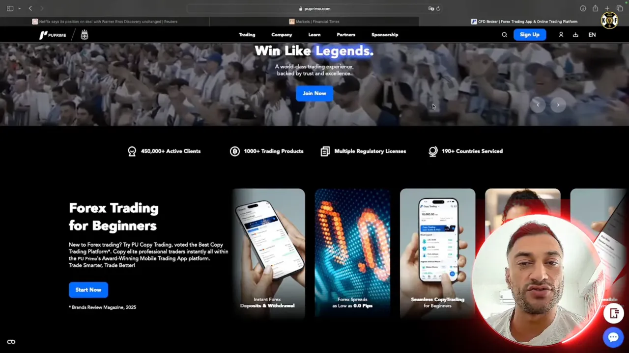 Klares Screenshot der PU Prime Website mit ‚Win Like Legends‘ Banner oben, ‚Forex Trading for Beginners‘ Bereich und App-Vorschauen; leichtes Video-Overlay einer Person rechts.