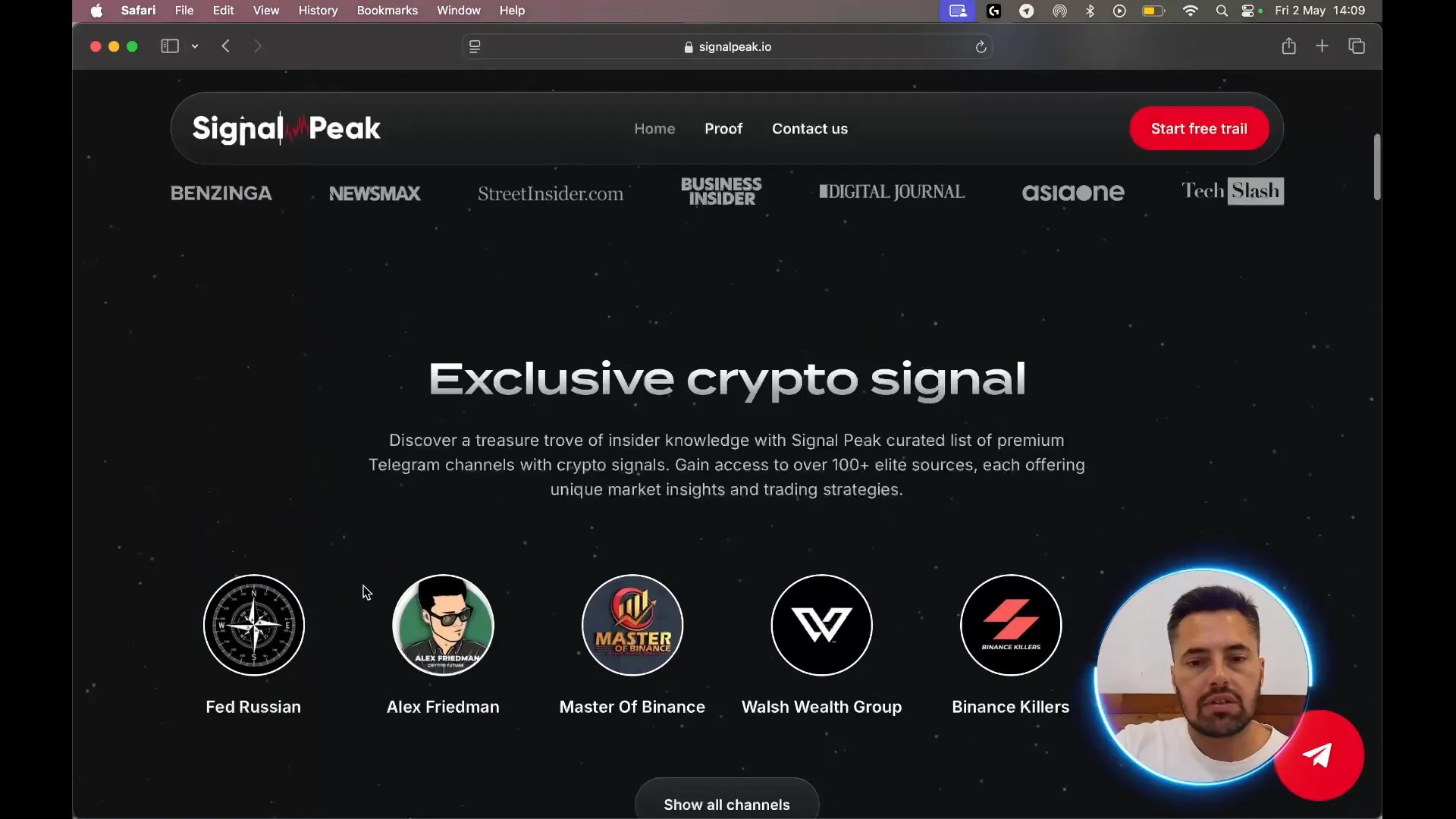 SignalPeak website overview showing premium Telegram channels