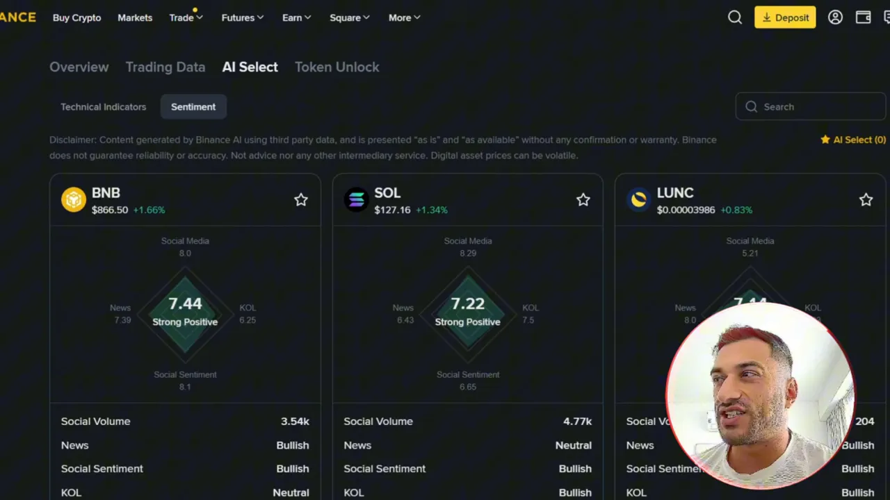 Screenshot des Binance AI Select Dashboards mit Coin-Sentiment-Übersicht