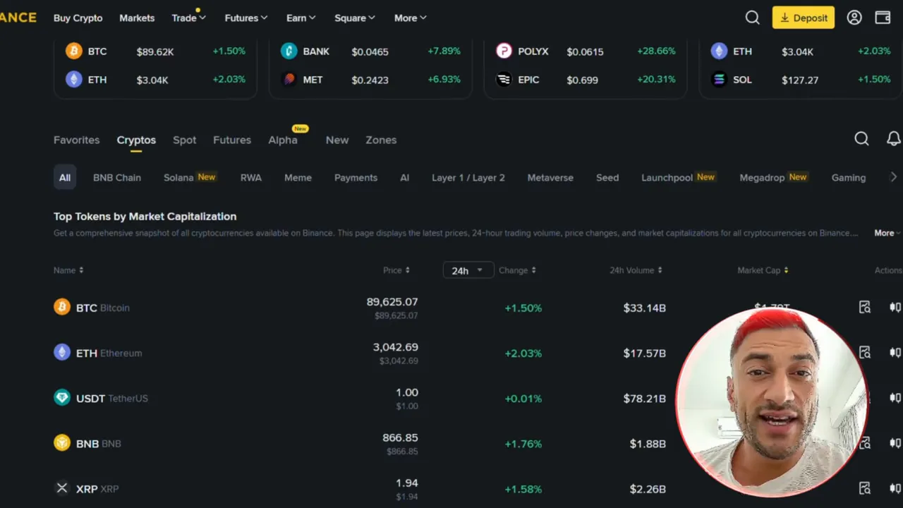Binance Exchange Marktübersicht mit Liste der Top-Token und Preisen, Bitcoin und Ethereum hervorgehoben