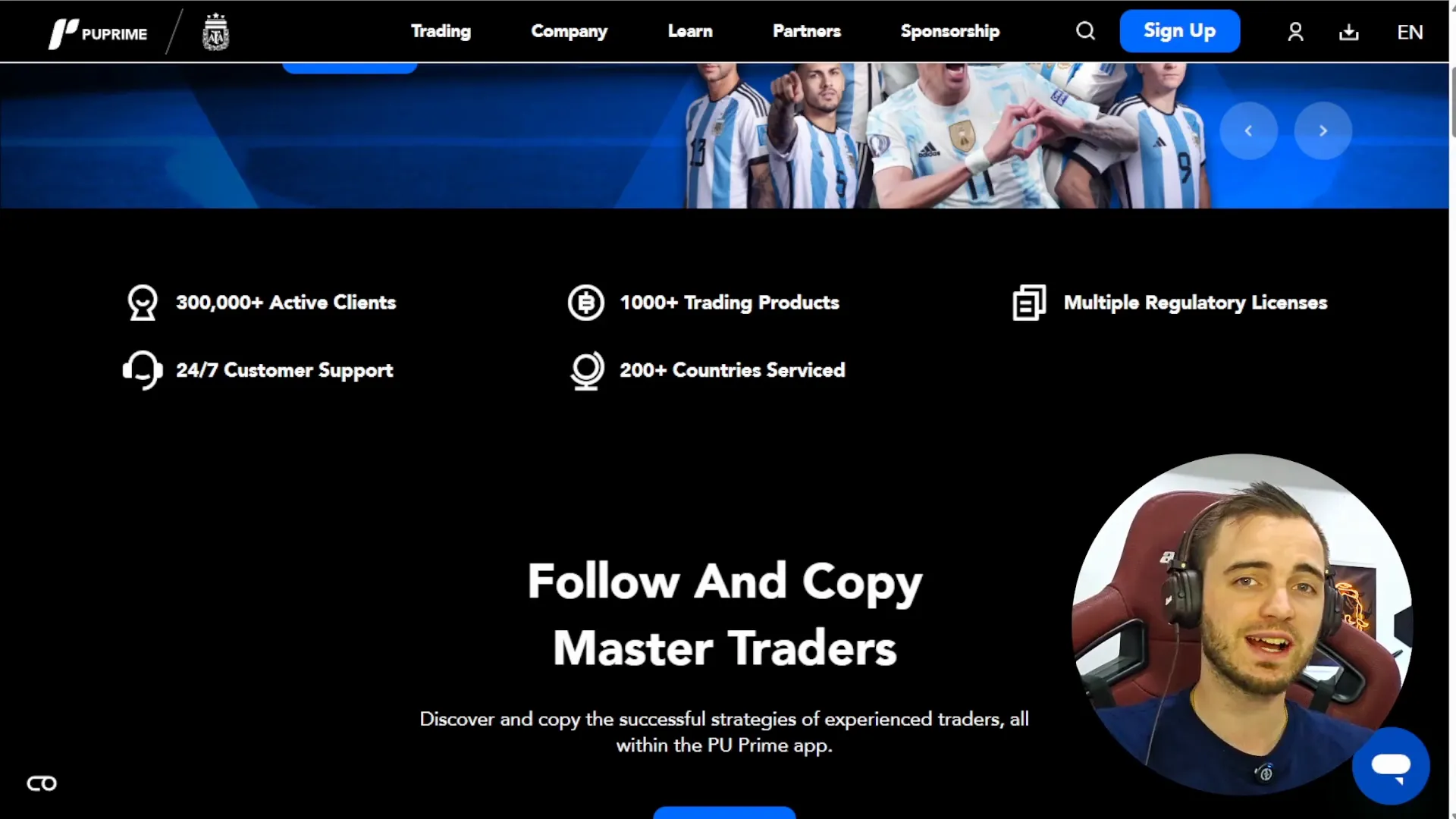 PU Prime platform showing trader stats and copy trading interface