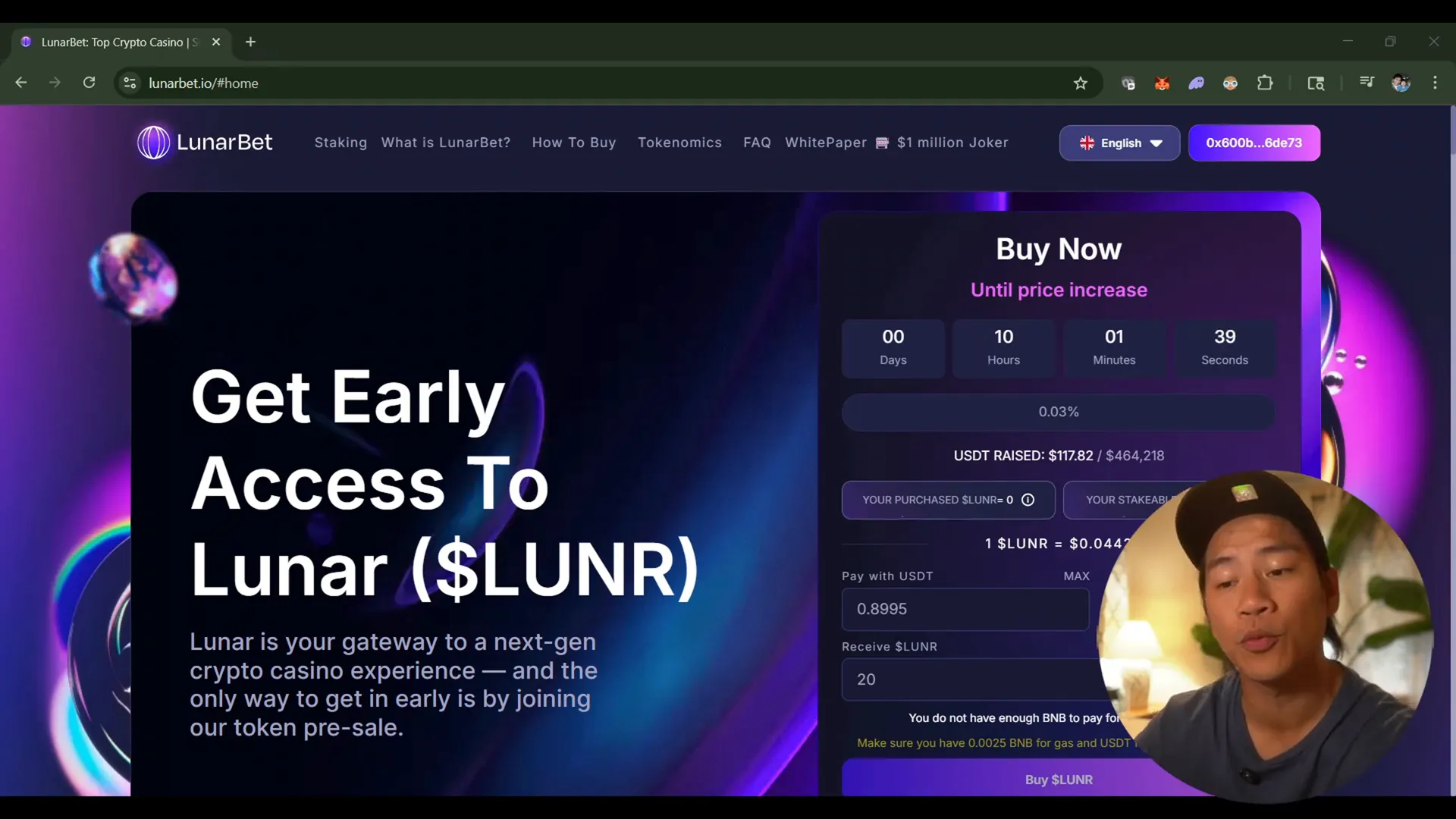 LunarBet landing page showing crypto gaming platform