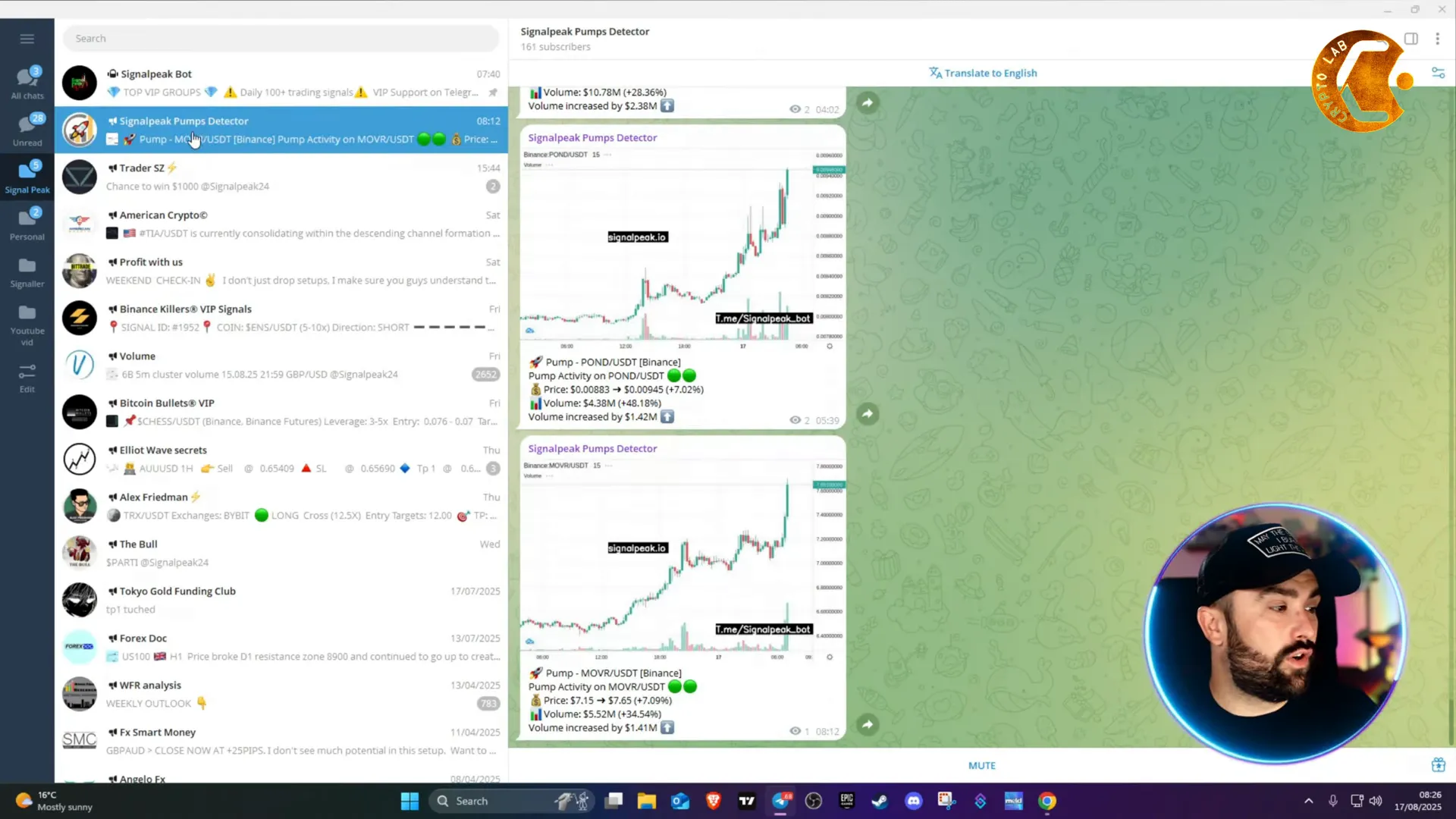 Telegram showing list of SignalPeak channels and a sample signal