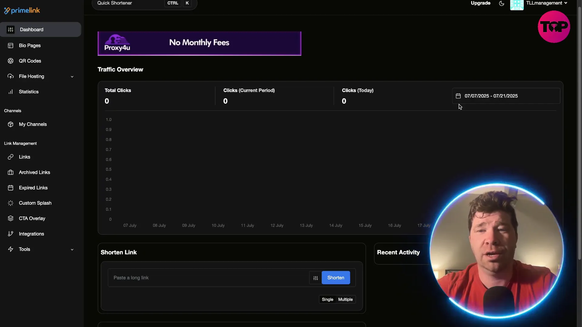 PrimeLink dashboard showing traffic overview and bio pages