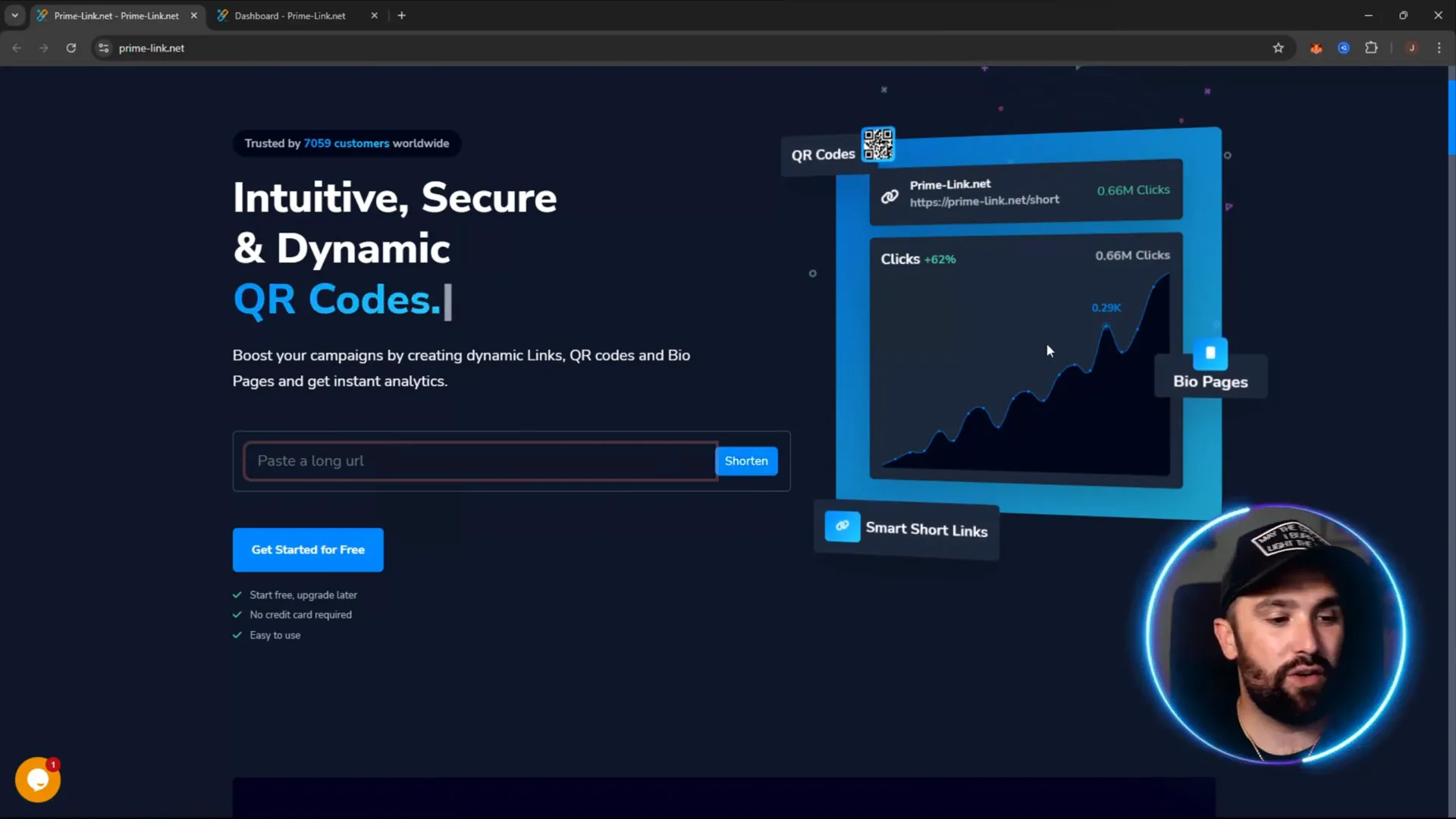 Prime Link dashboard showing URL shortening and analytics