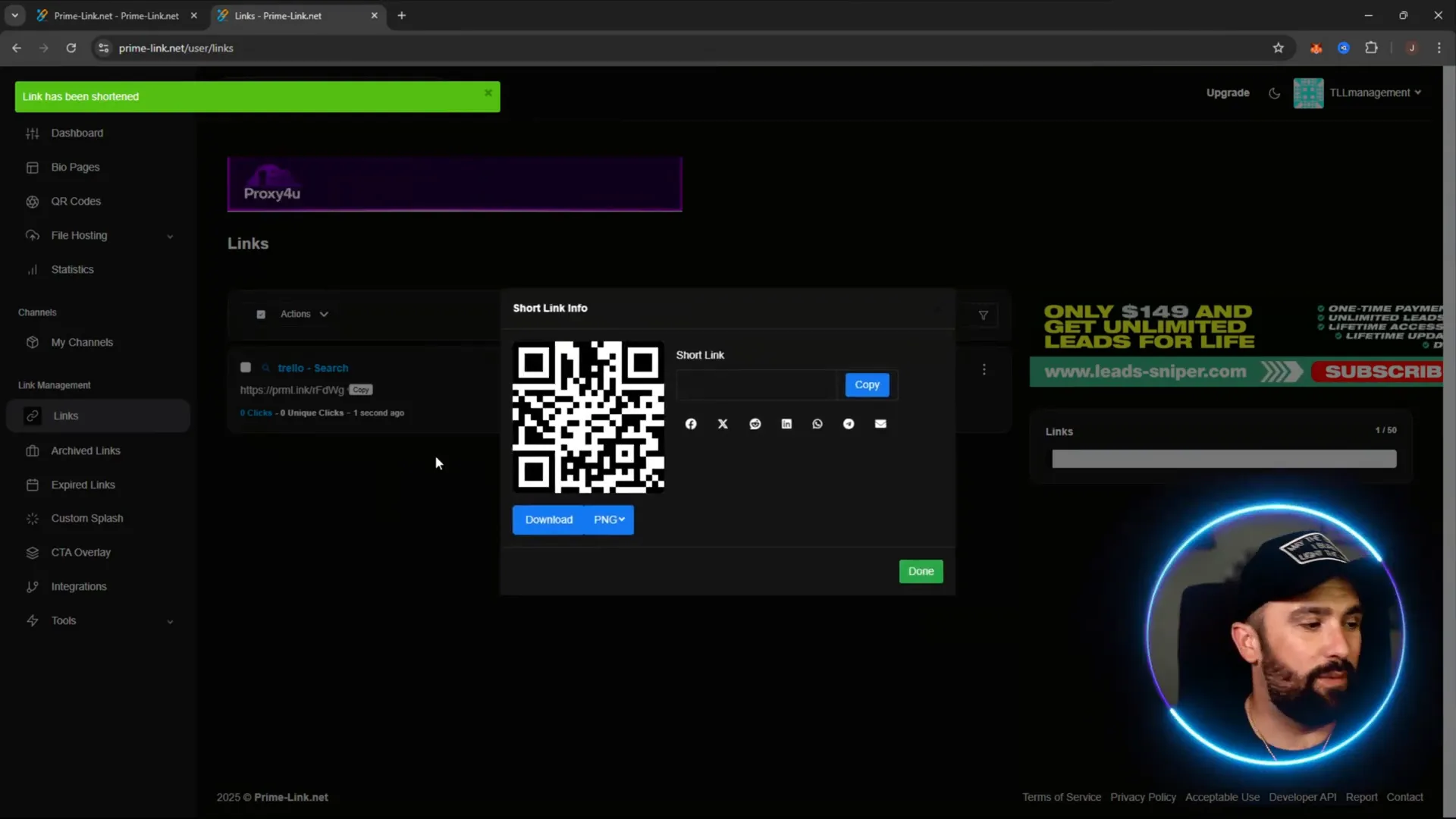 Shortening a long URL and generating a QR code on Prime Link