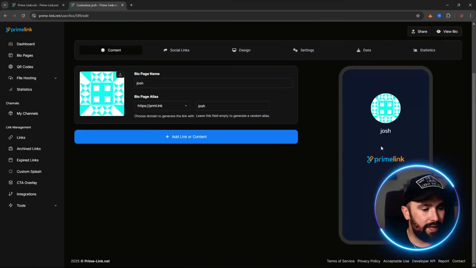 Creating a customizable bio page on Prime Link