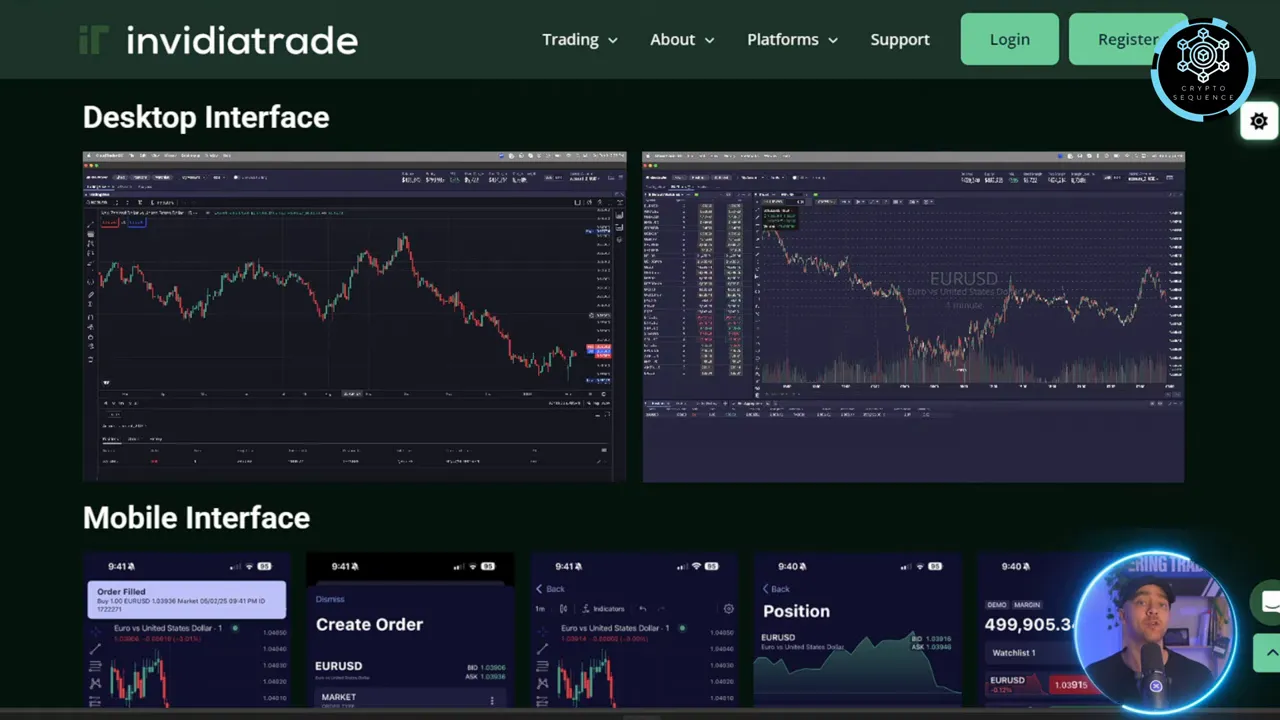 Captura clara de la interfaz de Invidiatrade con gráficos EURUSD en escritorio y paneles de la app móvil