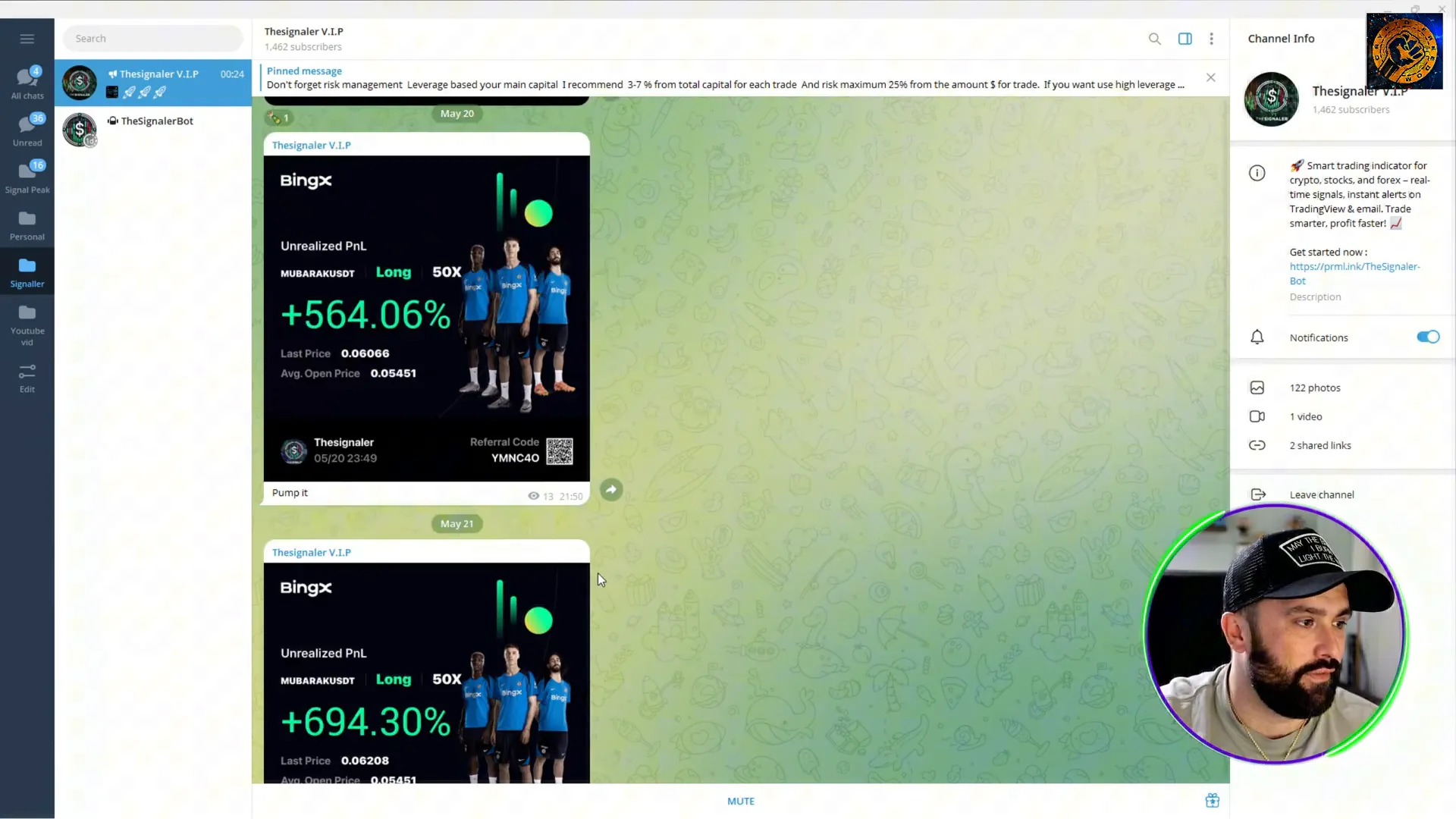 Screenshot of VIP Signal Group trades with profit percentages and trade details