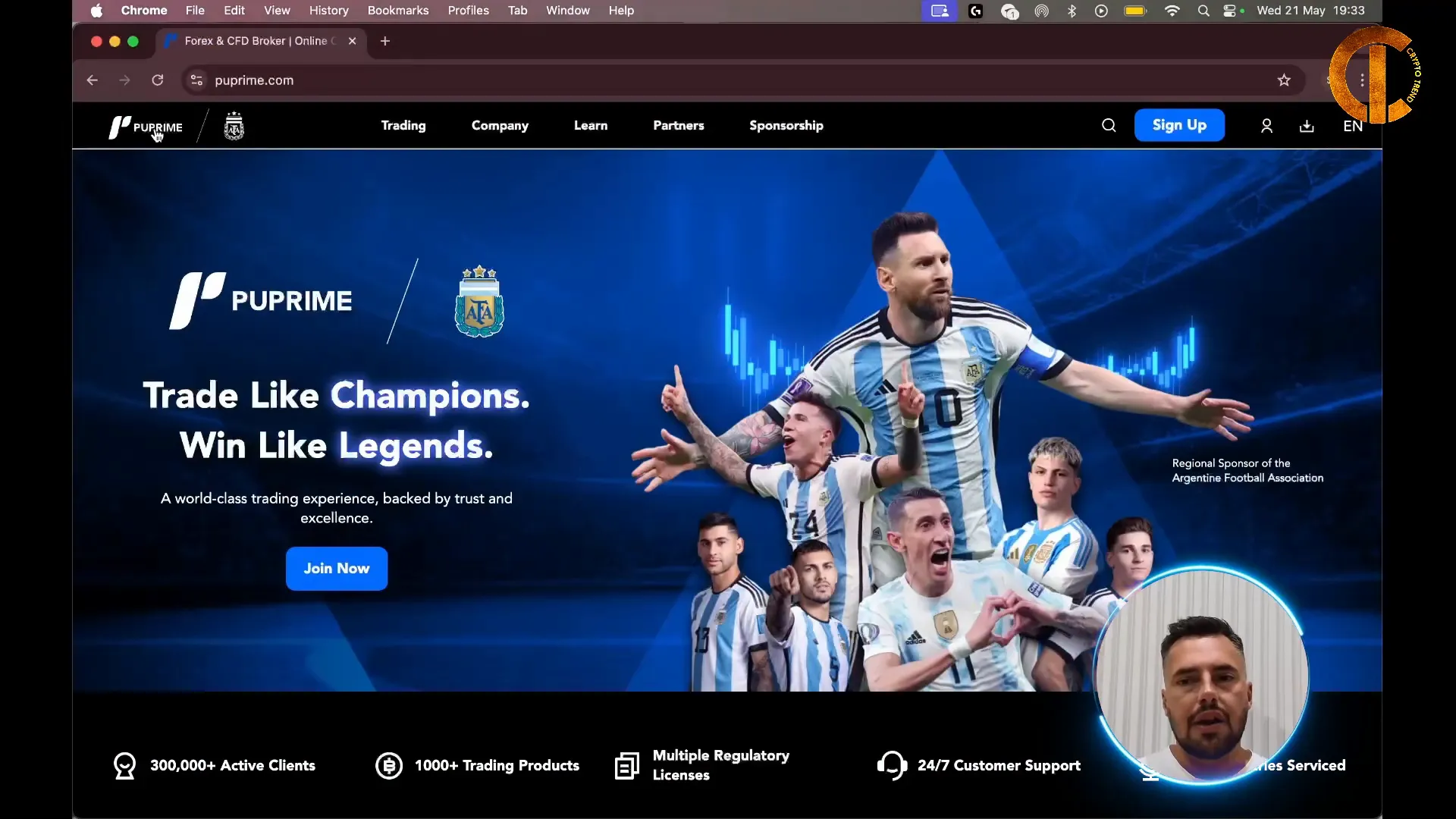 PU Prime homepage showing registration and trading options
