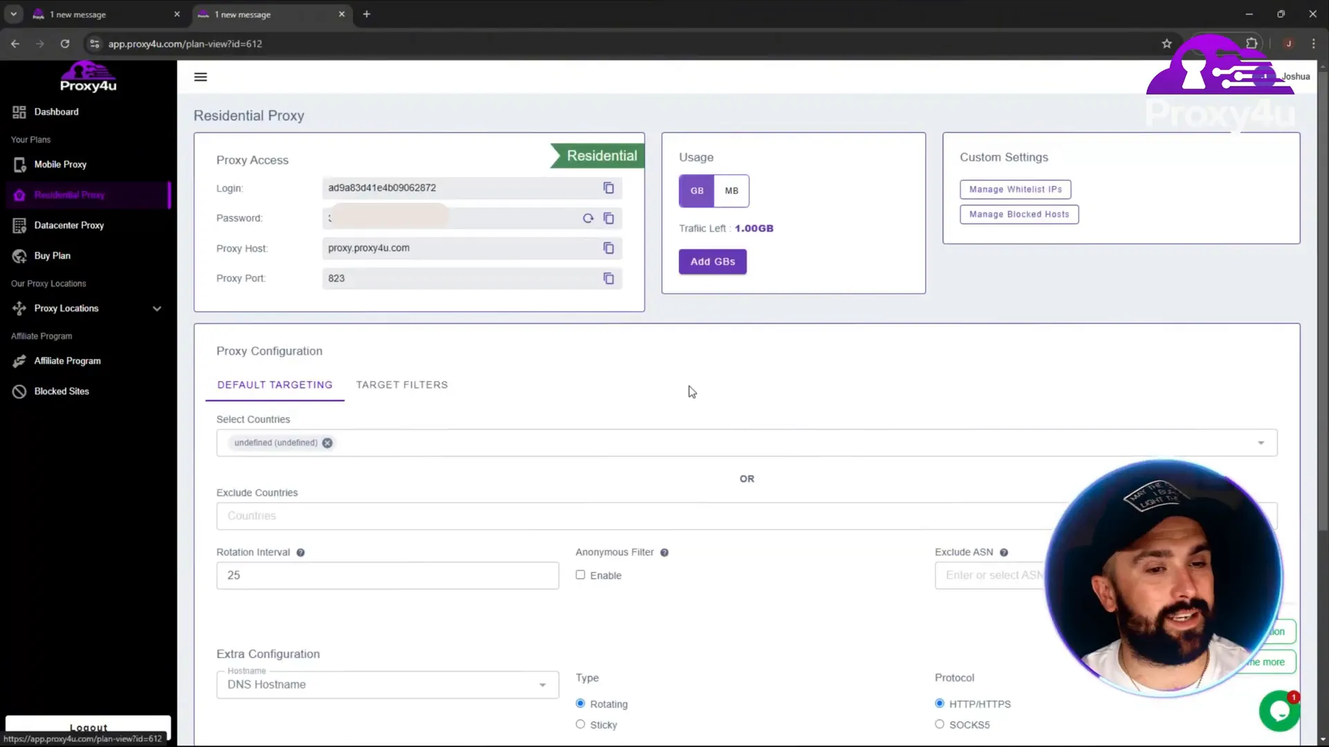 Proxy4U dashboard showing country selection and sticky session options