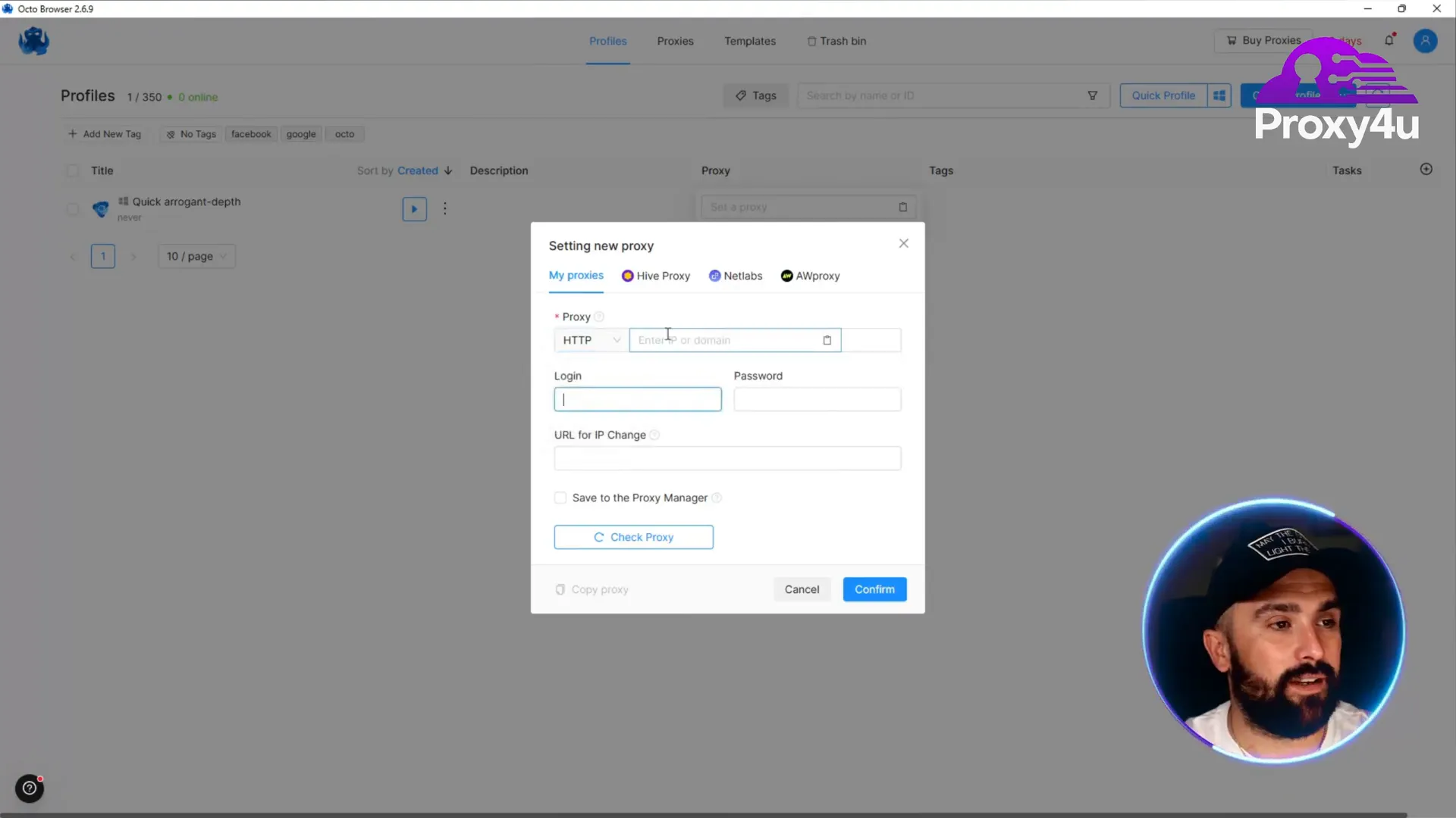 Octo Browser proxy settings with login, password and host pasted