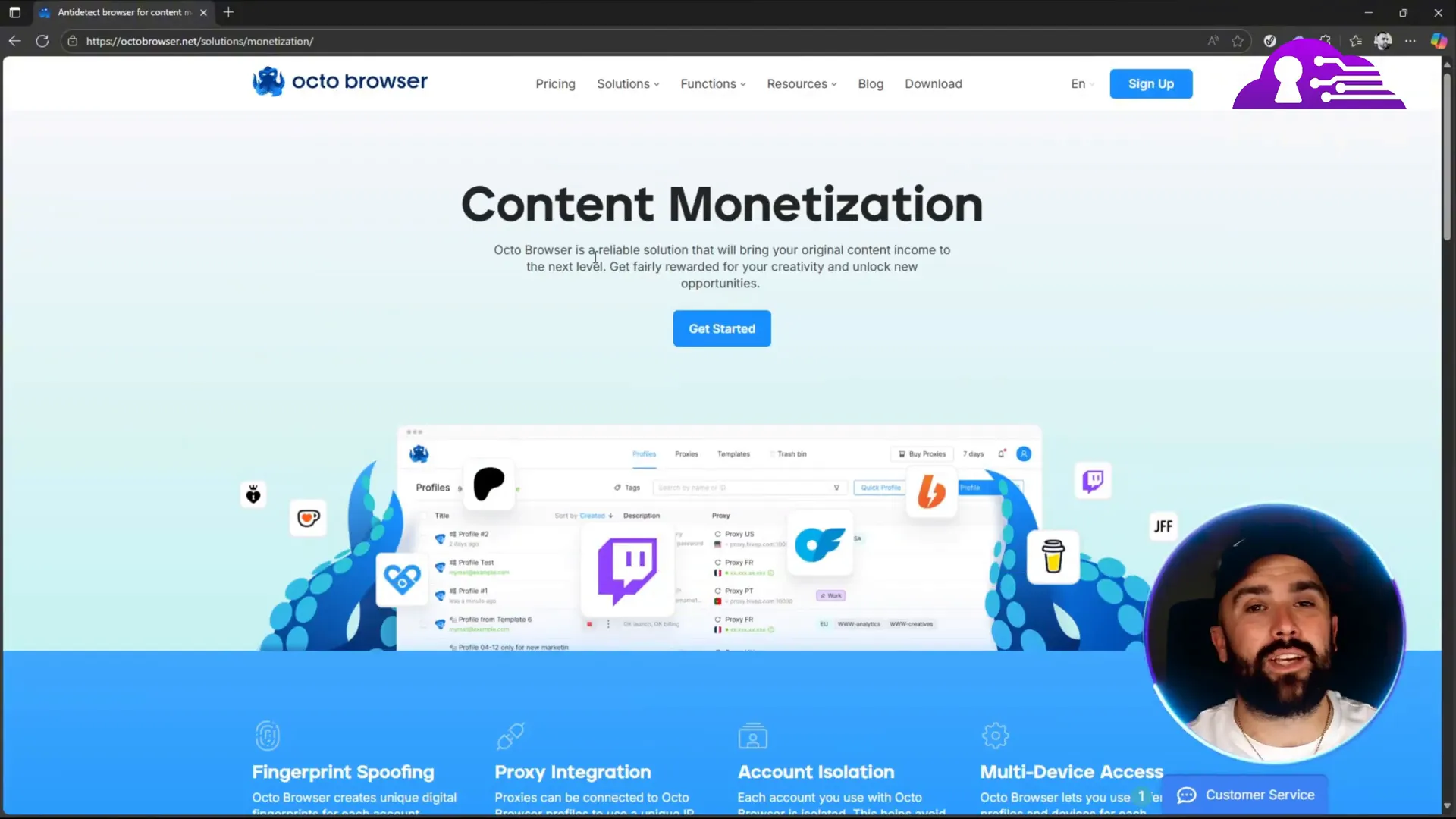 Octo Browser back office showing profiles and proxy locations