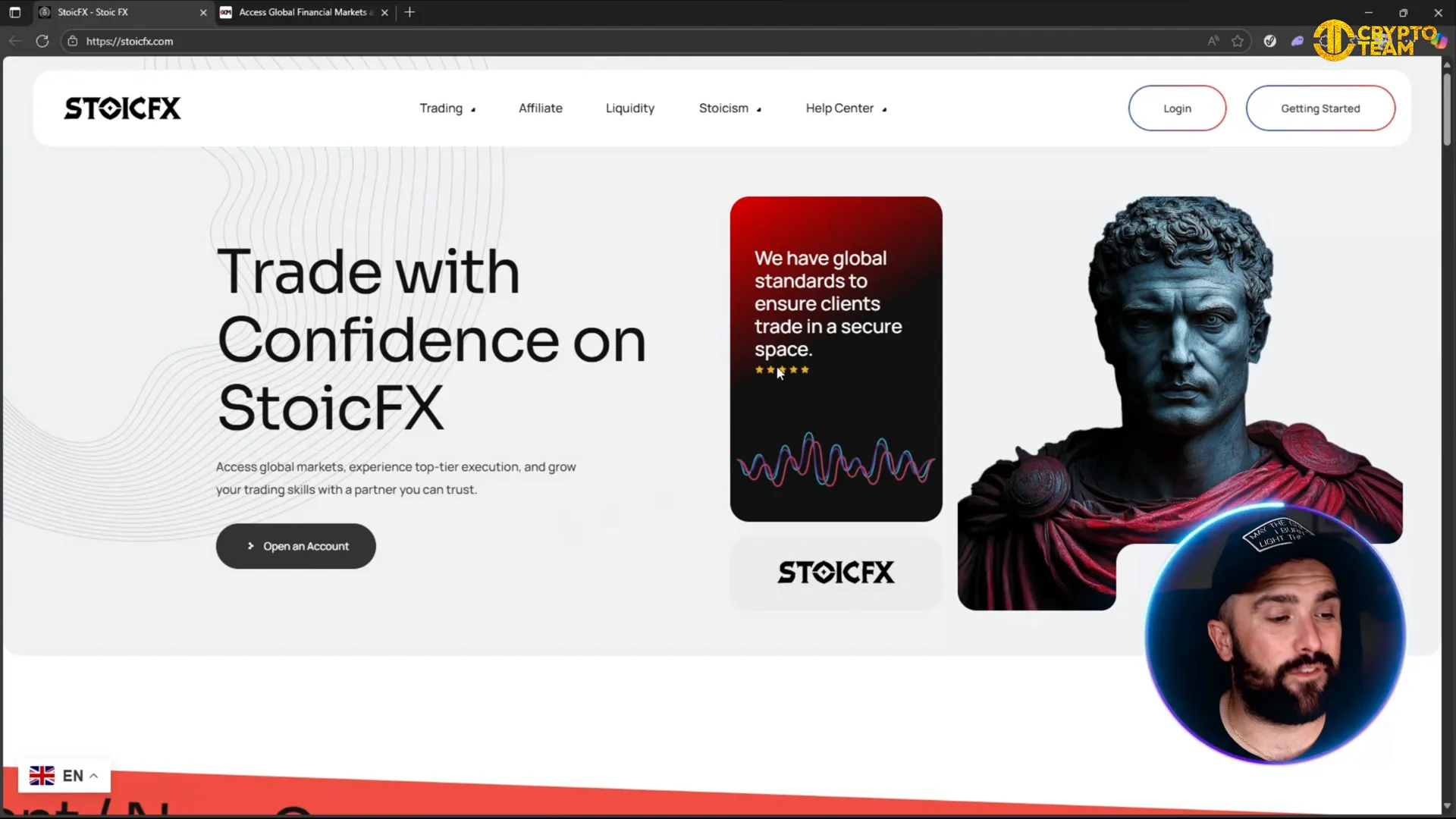 StoicFX homepage showing five-star rating and ‘Get started’ button