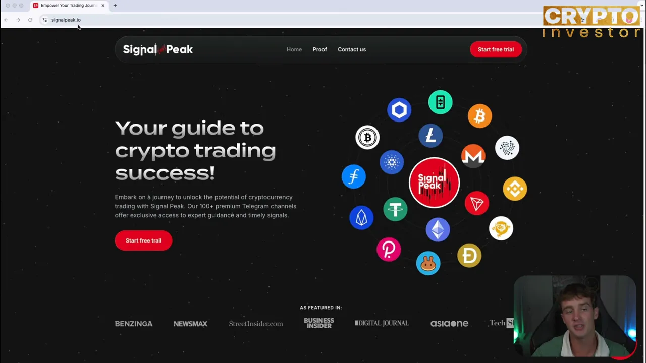 SignalPeak homepage hero with headline 'Your guide to crypto trading success', token icons and small presenter inset