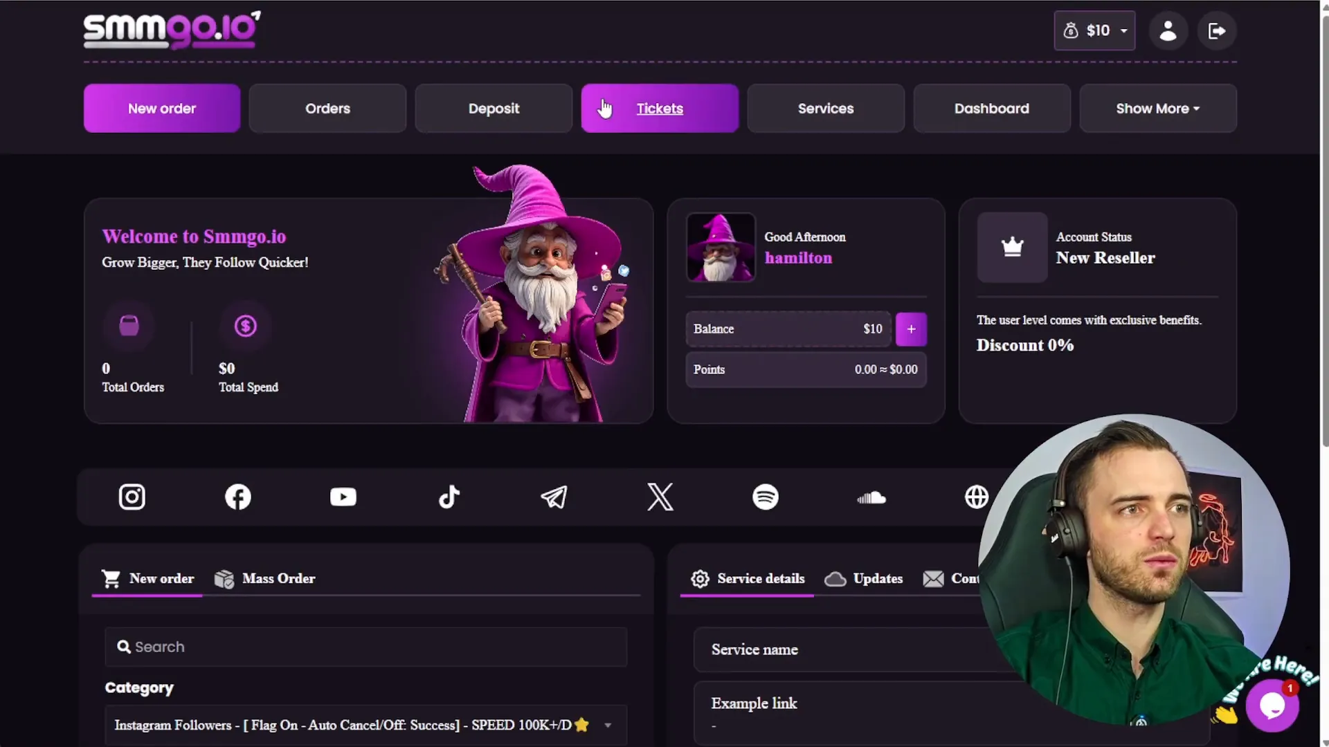 SMMGO dashboard showing orders and services