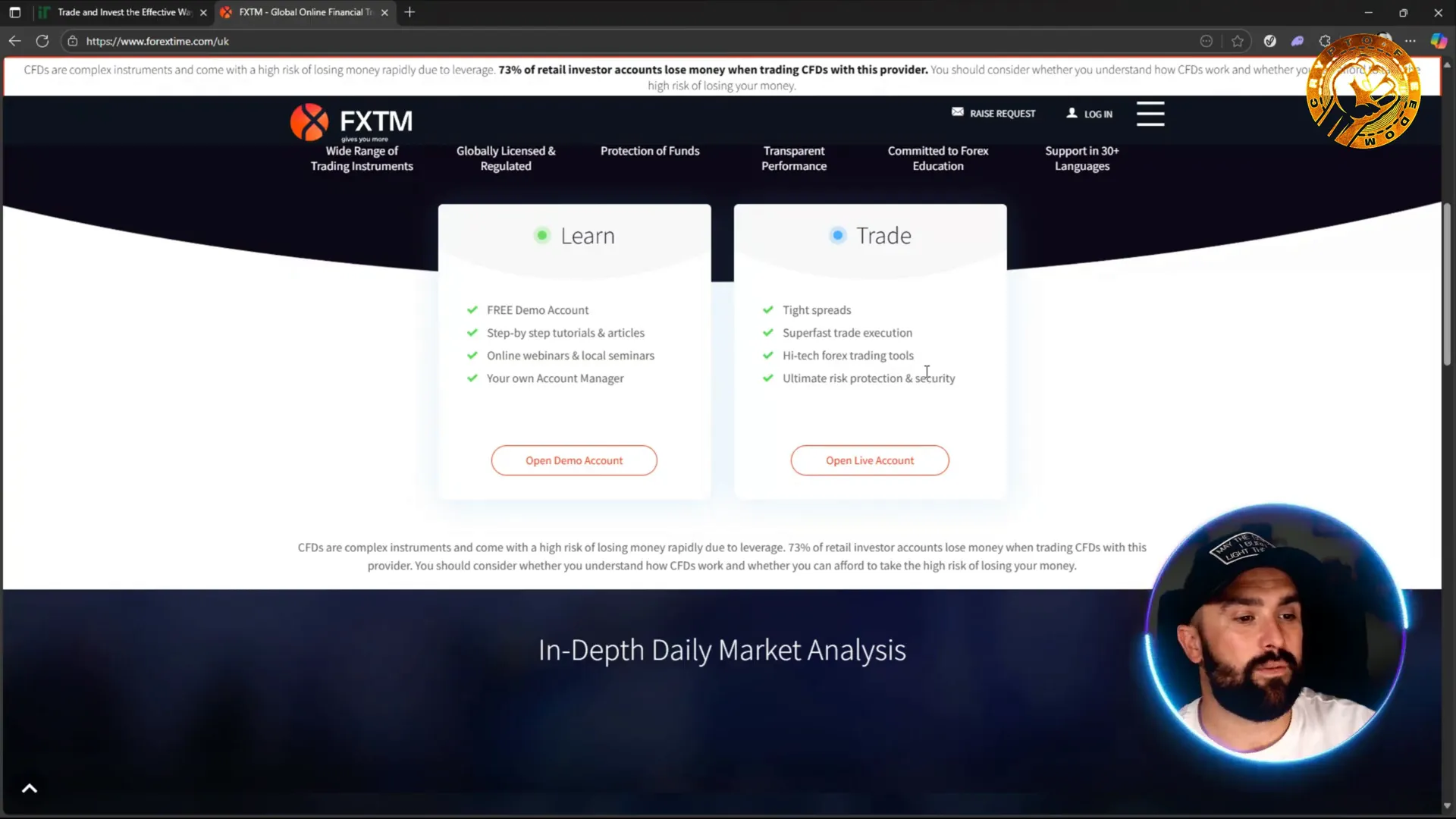 FXTM UK homepage showing education award and demo account options
