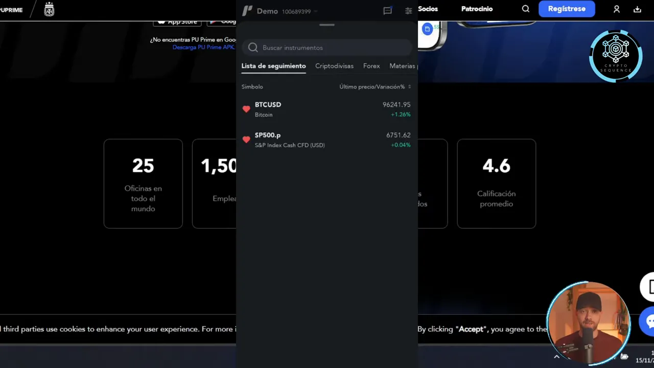 Captura de pantalla de la sección 'Lista de seguimiento' en PuPrime mostrando BTCUSD y SP500.p con precios y el icono de favorito.