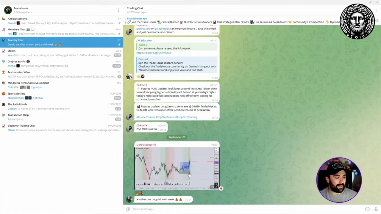 Screenshot of a trading community chat showing member messages and an embedded chart setup