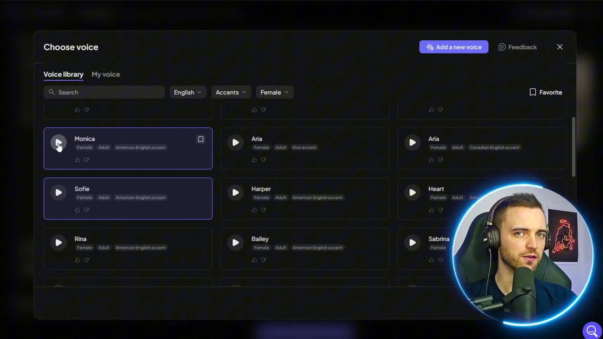 Creatify voice demo panel showing sample voice 'Monica' playback