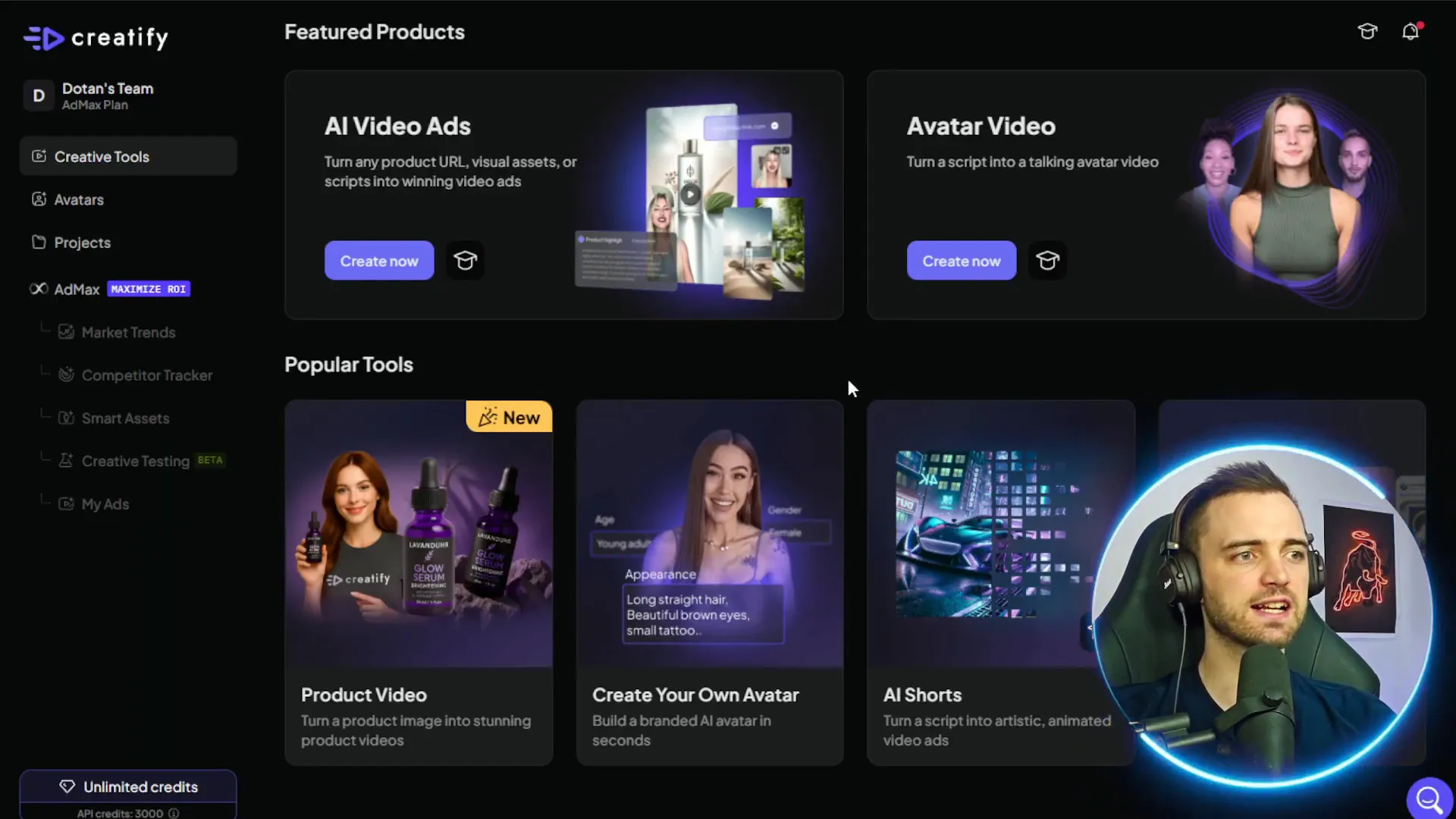 Creatify dashboard showing product videos, avatars, and batch mode
