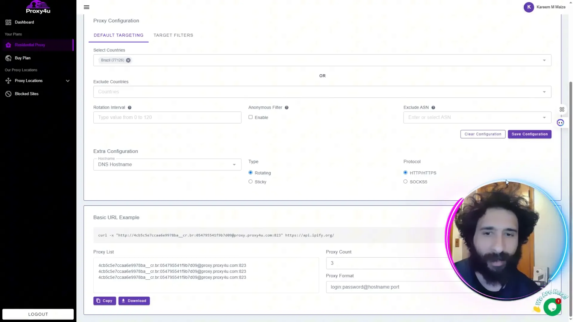 Proxy4U dashboard showing country selection and proxy configuration