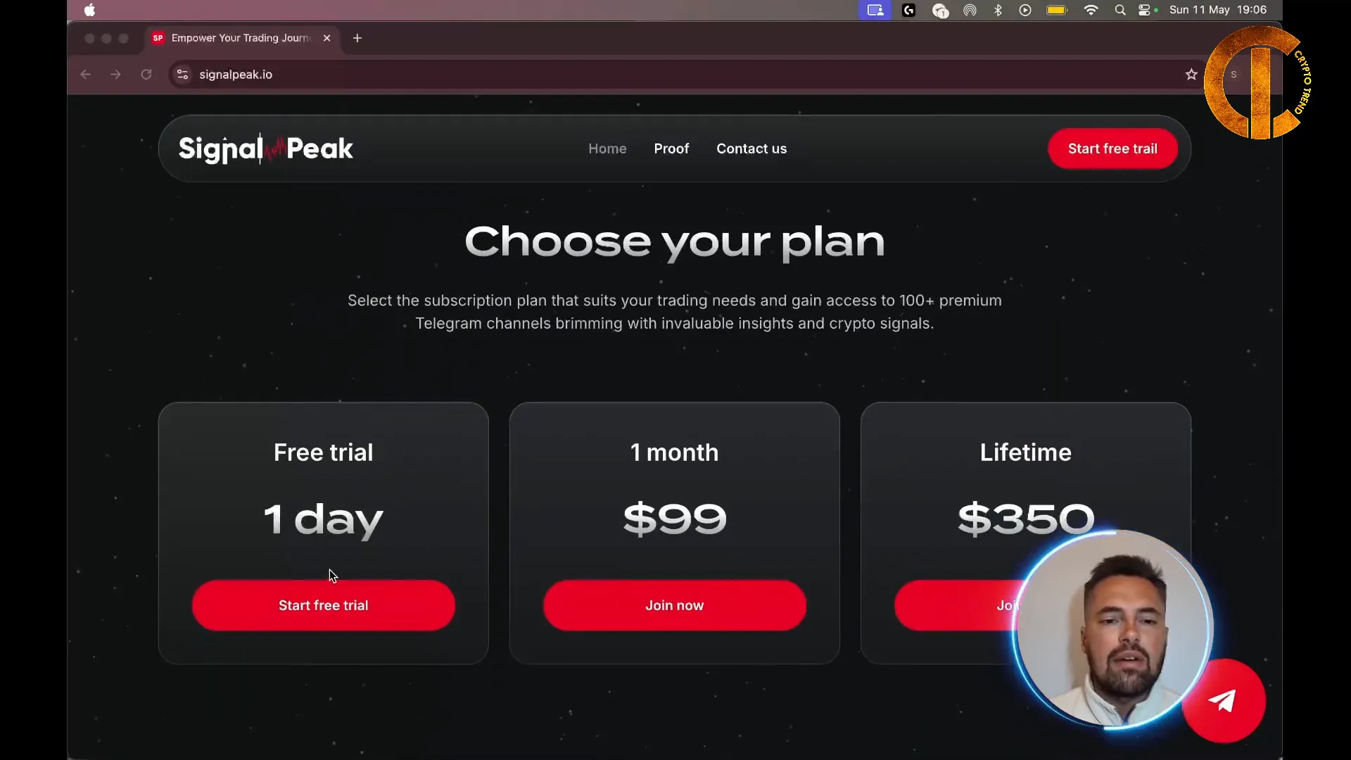 SignalPeak website showing clean, professional layout and free trial button