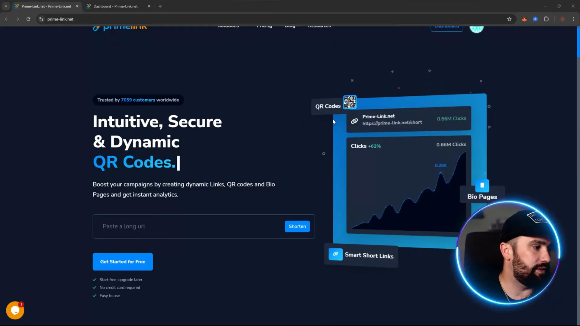 PrimeLink homepage showing URL shortening and analytics dashboard