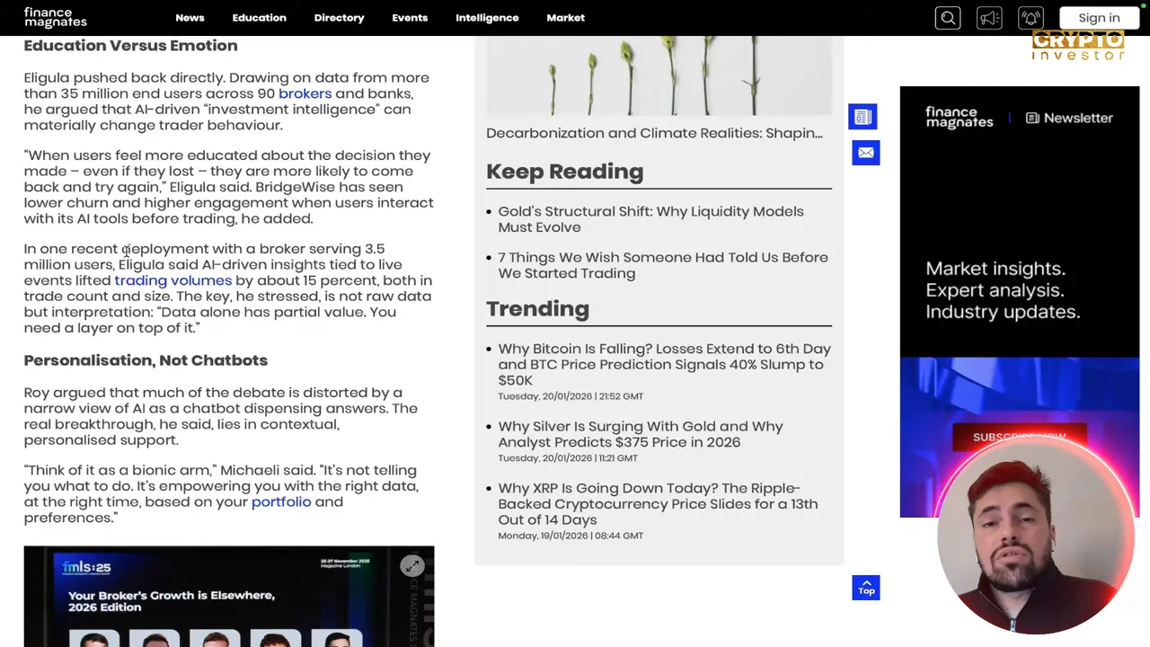 Article text about AI-driven trading and brokers with sidebar trending items and a circular presenter video overlay