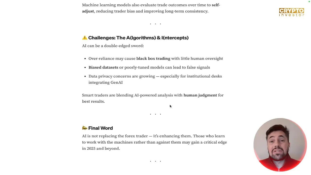 Readable slide titled 'Challenges: The A(Algorithms) & I(ntercepts)' with bulleted points and a circular presenter overlay at lower right.