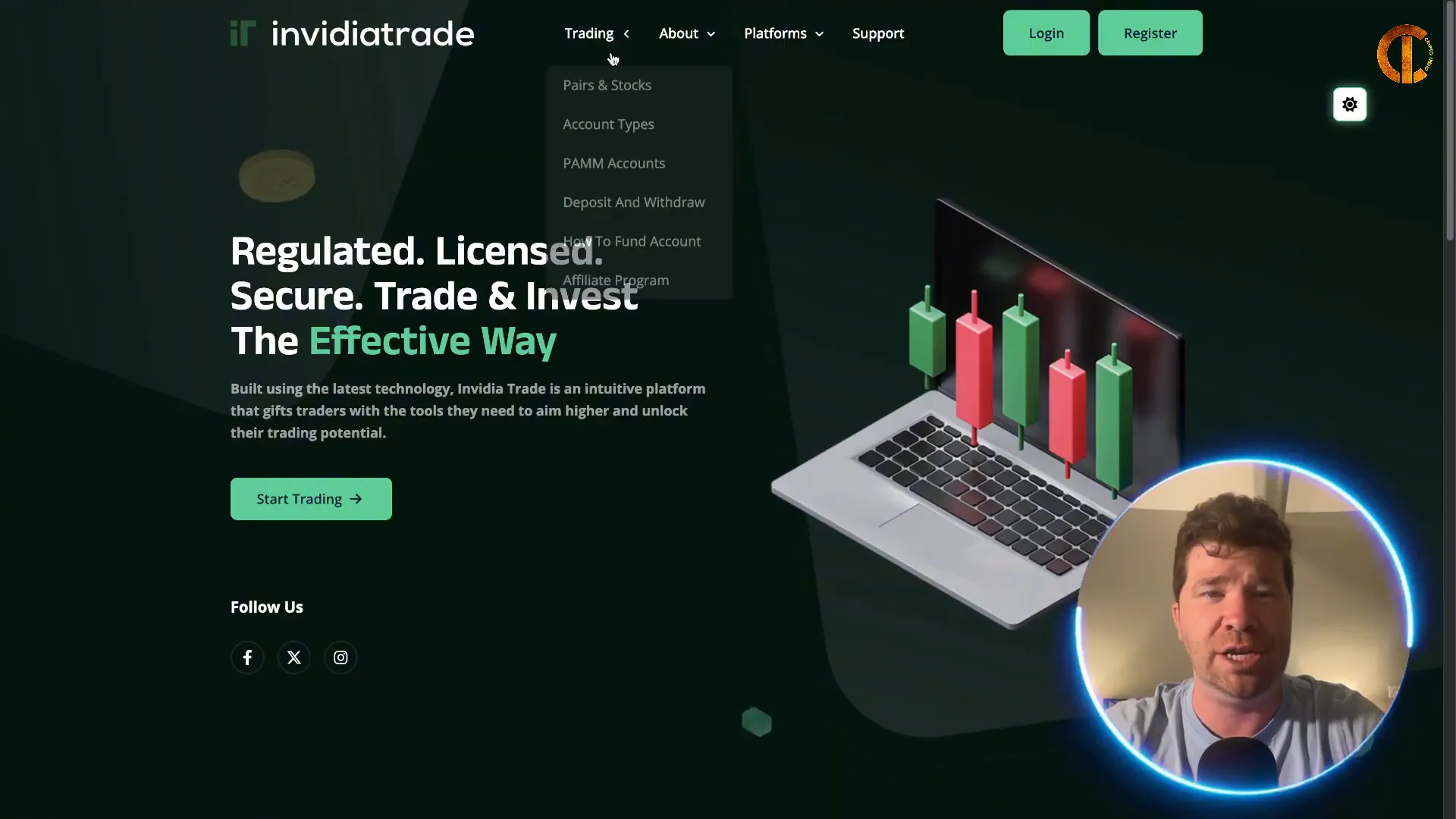 Invidia Trade homepage showing pairs and stocks