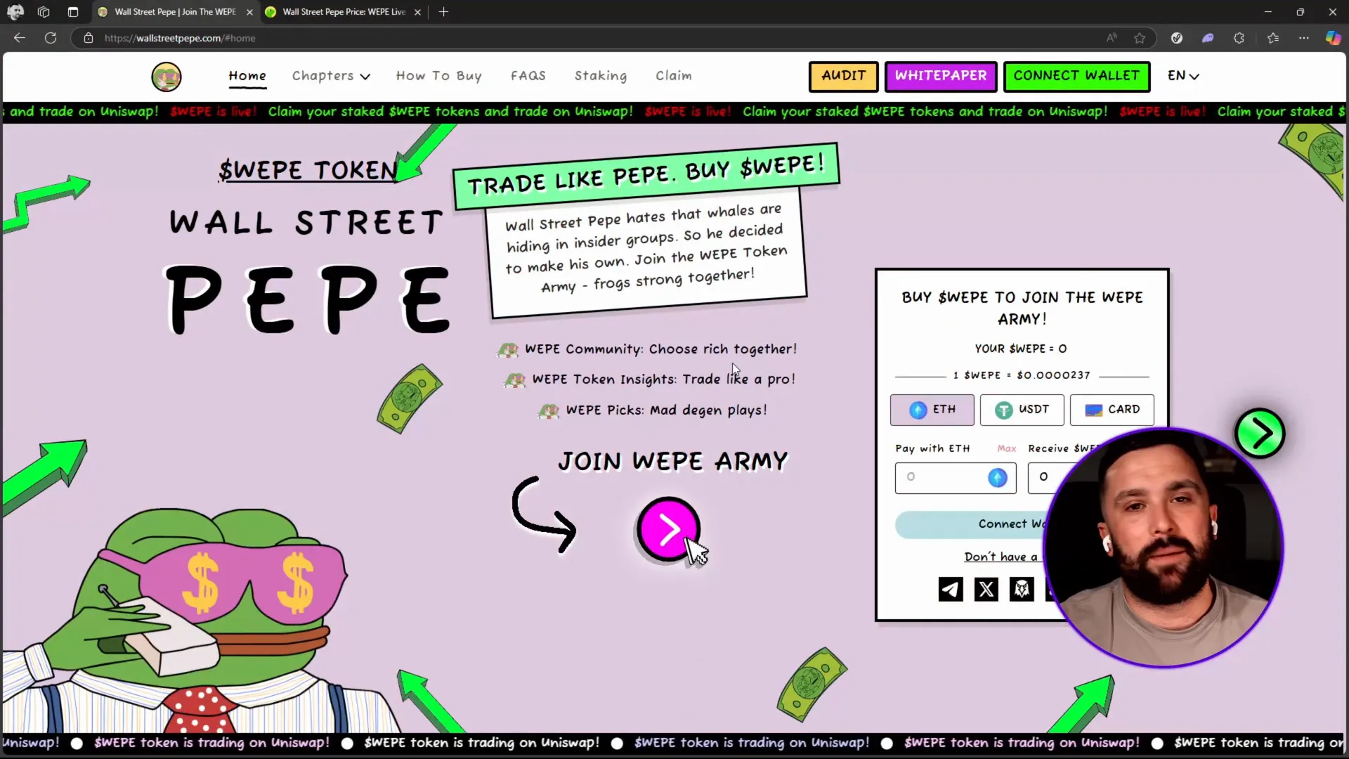 Wall Street Pepe official website homepage showcasing the community and token features