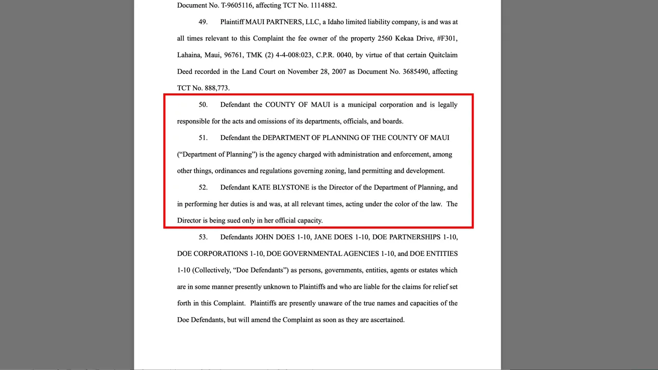Clear screenshot of the complaint with a red box highlighting paragraphs naming the County of Maui, the Department of Planning, and Director Kate Blystone.