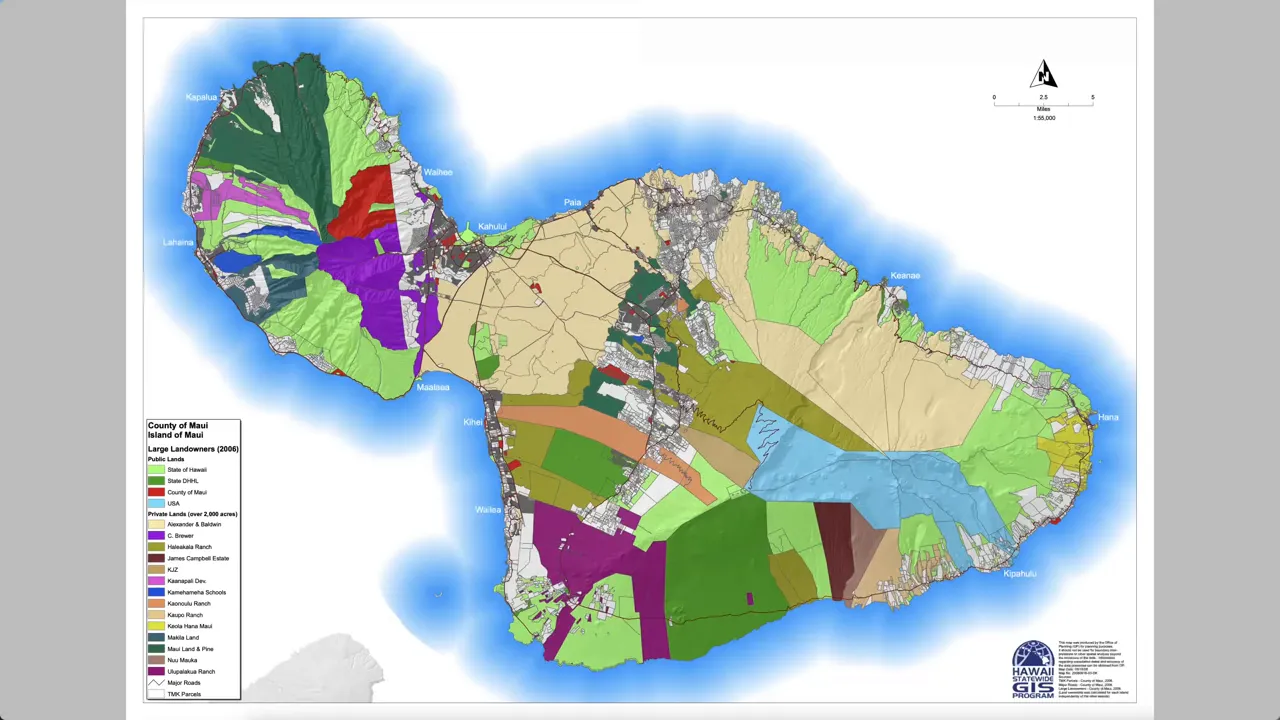 Colored map of the island of Maui showing parcel blocks by major landowners