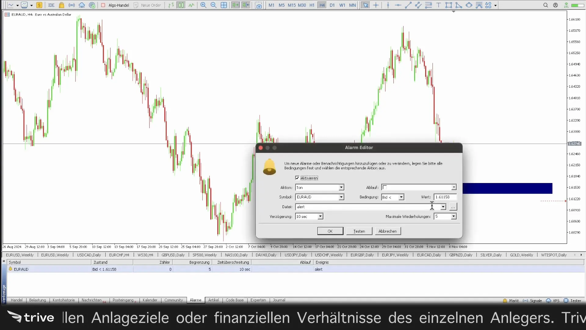 Einstellungen für Alarmtöne im MetaTrader