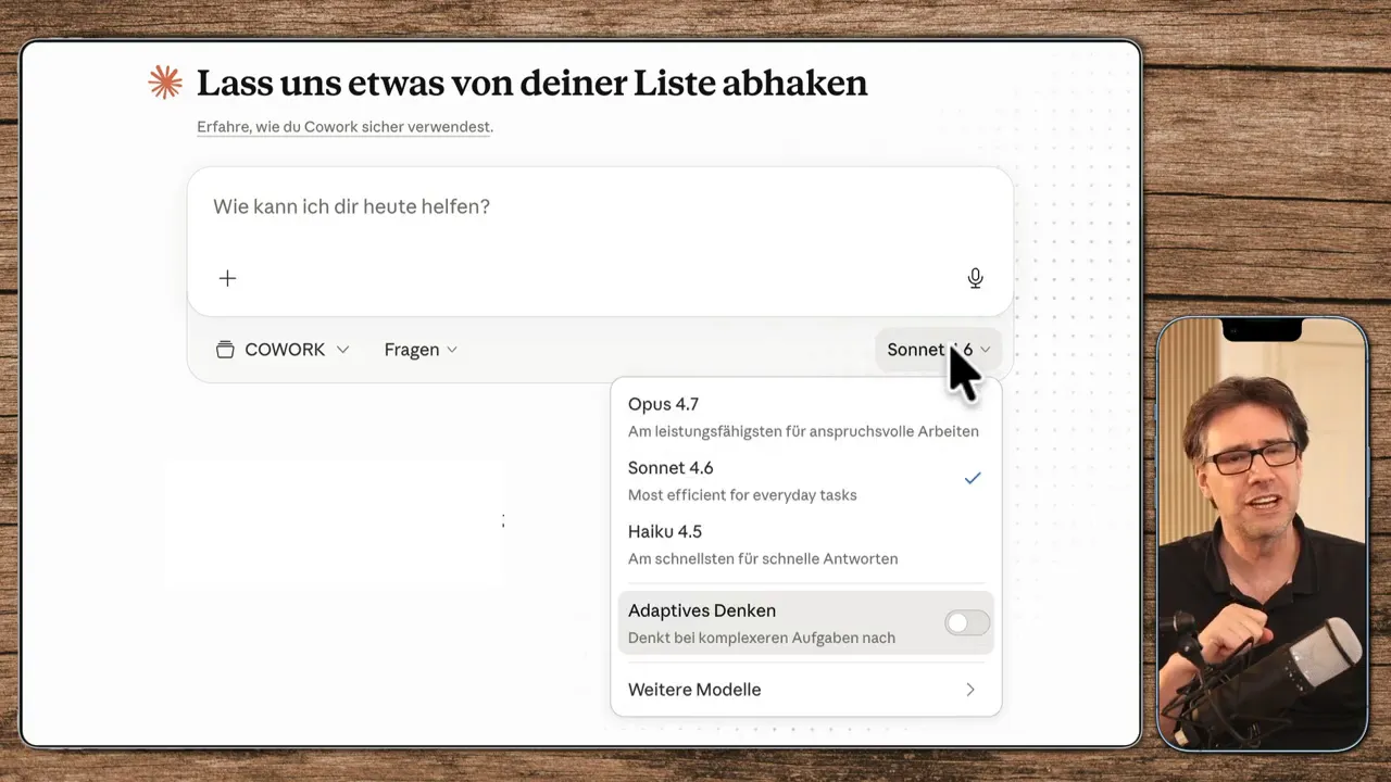Auswahl des Claude-Sprachmodells in Cowork mit Optionen Opus 4.7, Sonnet 4.6, Haiku 4.5 und „Adaptives Denken“