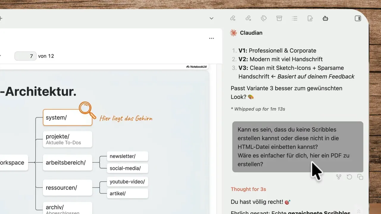 Screenshot der Claude-App mit „Die Master-Architektur“ und einem Chatpanel zu „Claudian“ (Cowork)