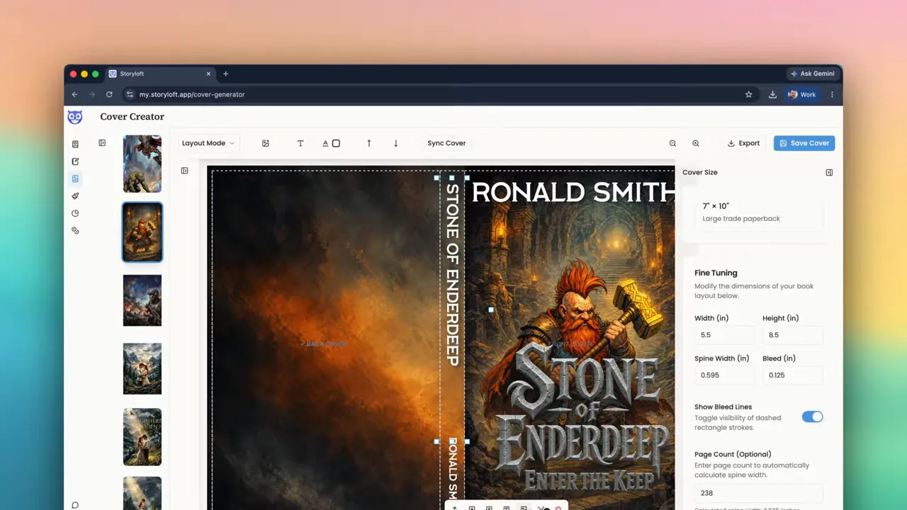Print wrap layout with a dark smoky orange background generated for the back cover beside the fantasy front cover