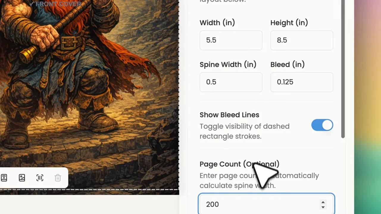 Print cover settings panel showing width height spine width bleed and page count fields in Storyloft