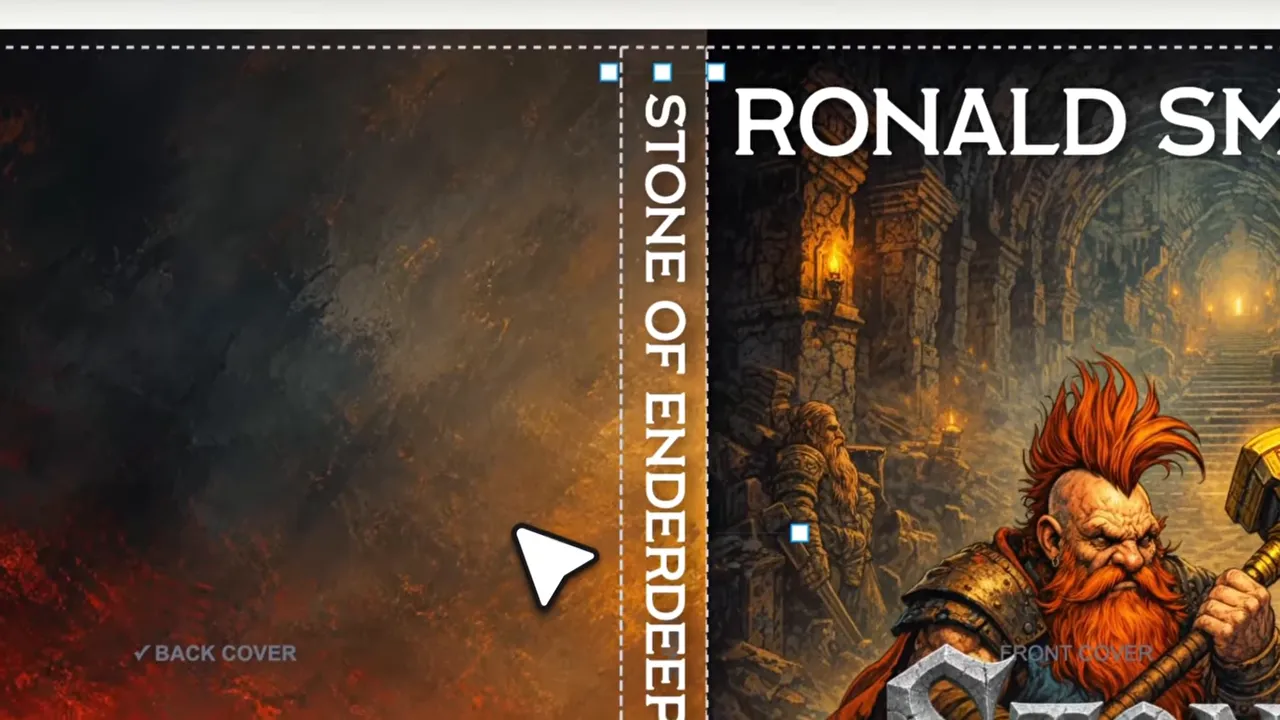 Print wrap layout showing vertical spine text Stone of Enderdeep between the back cover and front cover