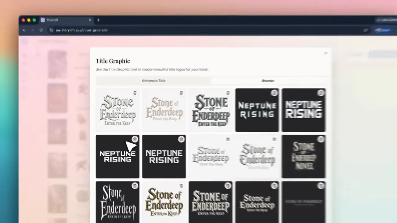 Title Graphic browser showing multiple generated title logo options for Stone of Enderdeep and other sample designs