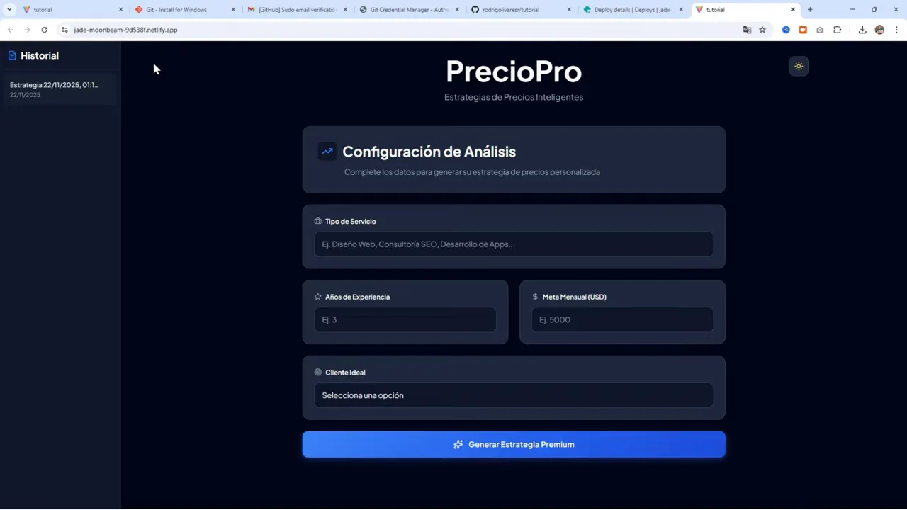 Cómo Hacer Deploy de tu App Web desde Google Antigravity (Gratis) 8 Interfaz de la aplicación desplegada 'PrecioPro' abierta en el navegador (sitio en producción).