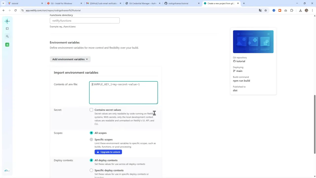 Cómo Hacer Deploy de tu App Web desde Google Antigravity (Gratis) 7 Modal 'Import environment variables' de Netlify con área para pegar el contenido del .env y opciones de 'Secret', 'Scopes' y contextos de deploy