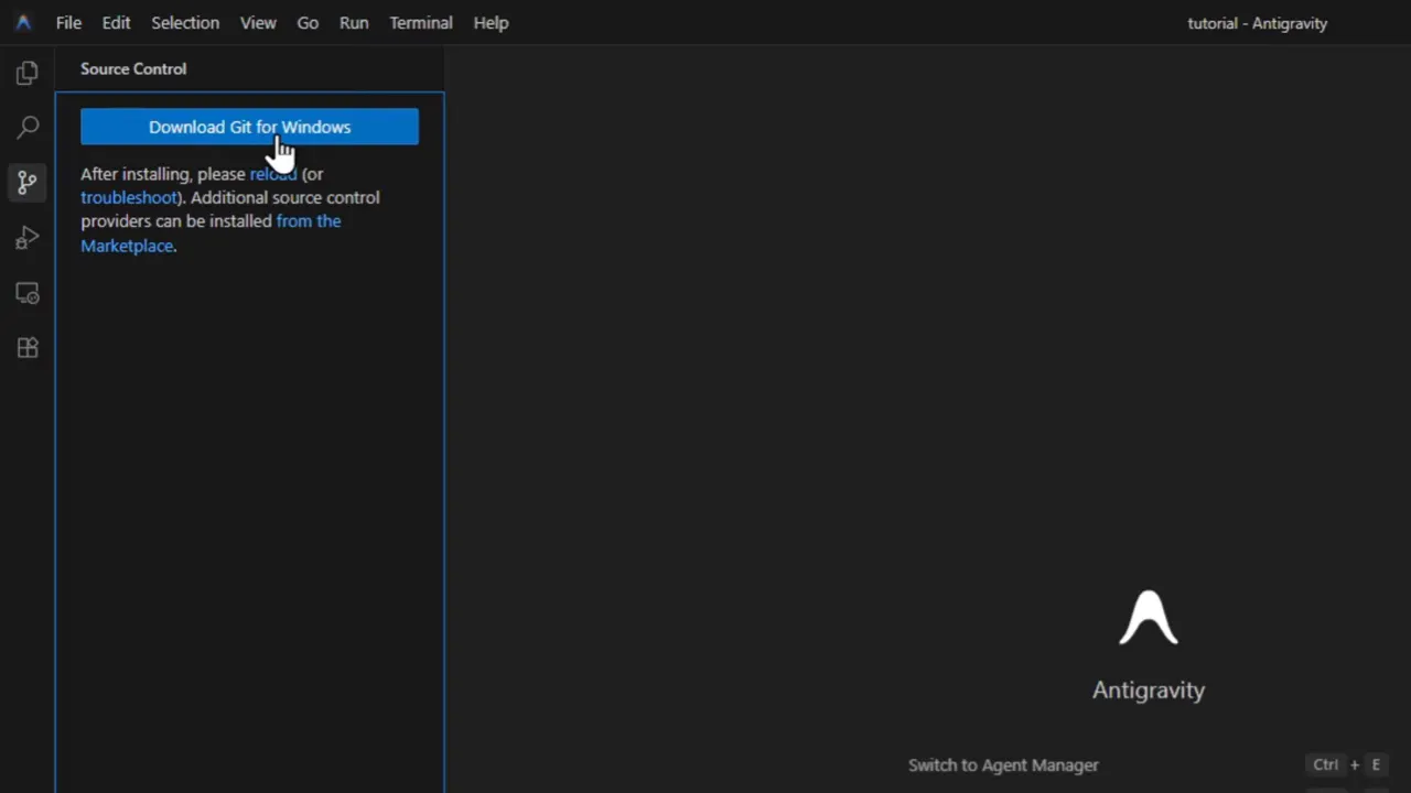 Cómo Hacer Deploy de tu App Web desde Google Antigravity (Gratis) 2 Panel Source Control en Antigravity con el botón Download Git for Windows