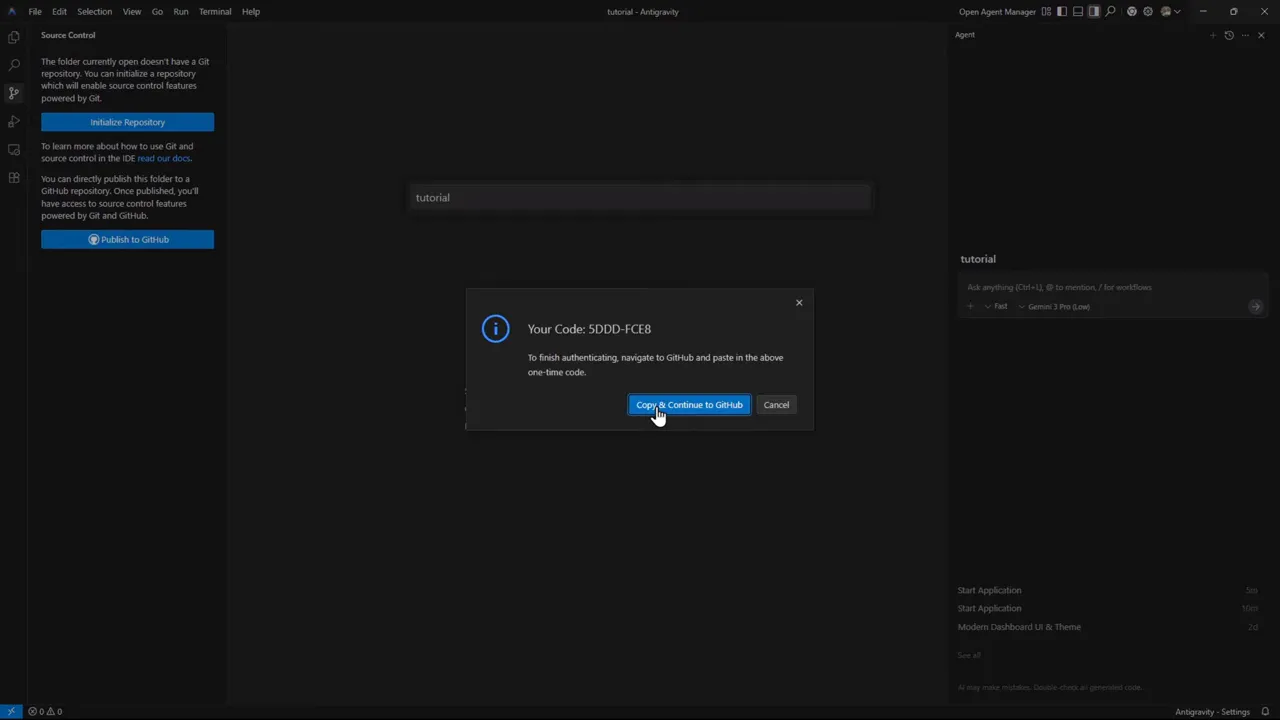Cómo Hacer Deploy de tu App Web desde Google Antigravity (Gratis) 3 Diálogo dentro del editor con un código de dispositivo y botón 'Copy & Continue to GitHub'
