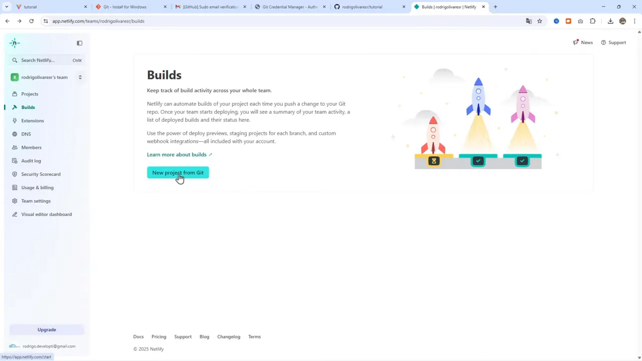 Cómo Hacer Deploy de tu App Web desde Google Antigravity (Gratis) 5 Botón 'New project from Git' en la página Builds de Netlify con el cursor sobre él.