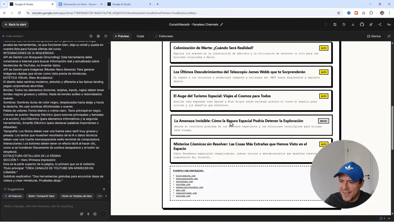 Screenshot de Google AI Studio centrado en la sección 'RESULTADOS' mostrando tarjetas de ideas y la caja de 'FUENTES ENCONTRADAS' — interfaz clara y poco obstruida por la webcam.
