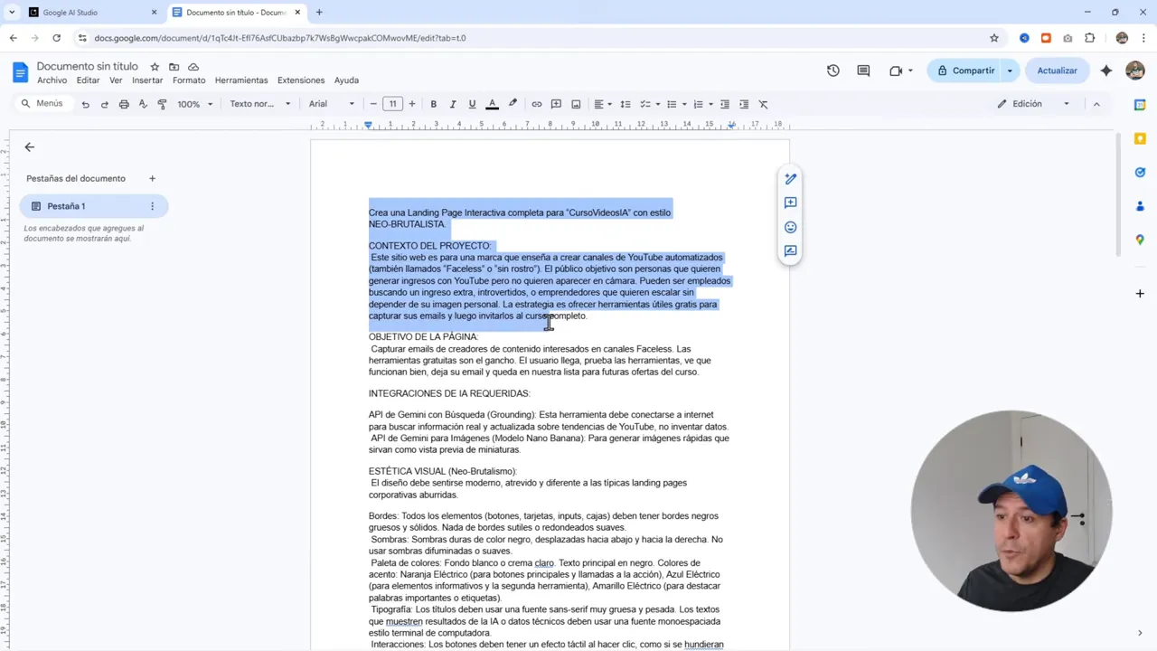 Documento de Google Docs con el prompt de la landing y texto seleccionado